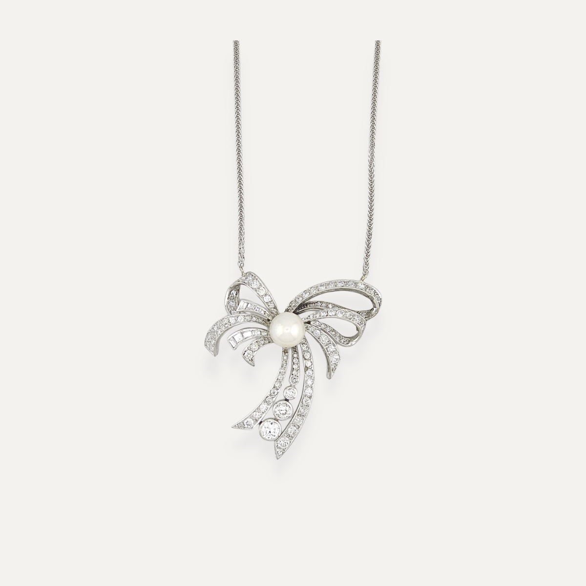 Vintage diamond and pearl brooch necklace in 18K white gold