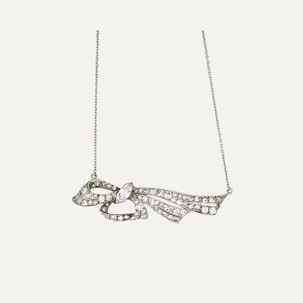 Vintage Platinum Diamond Bow Brooch Necklace
