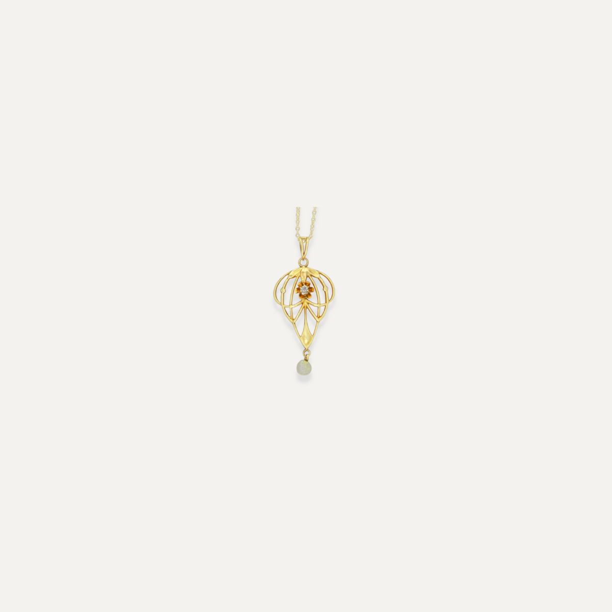 Vintage Diamond & Pearl Art Nouveau Lavaliere 10K Gold Necklace