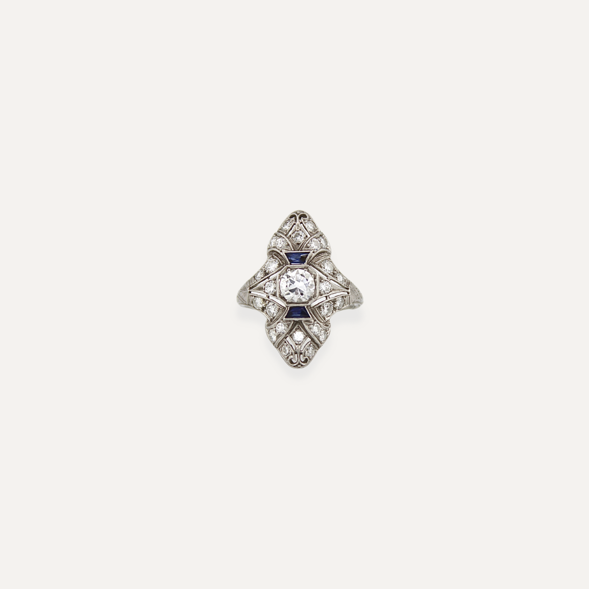 Art Deco Diamond & Sapphire Navette Ring Platinum