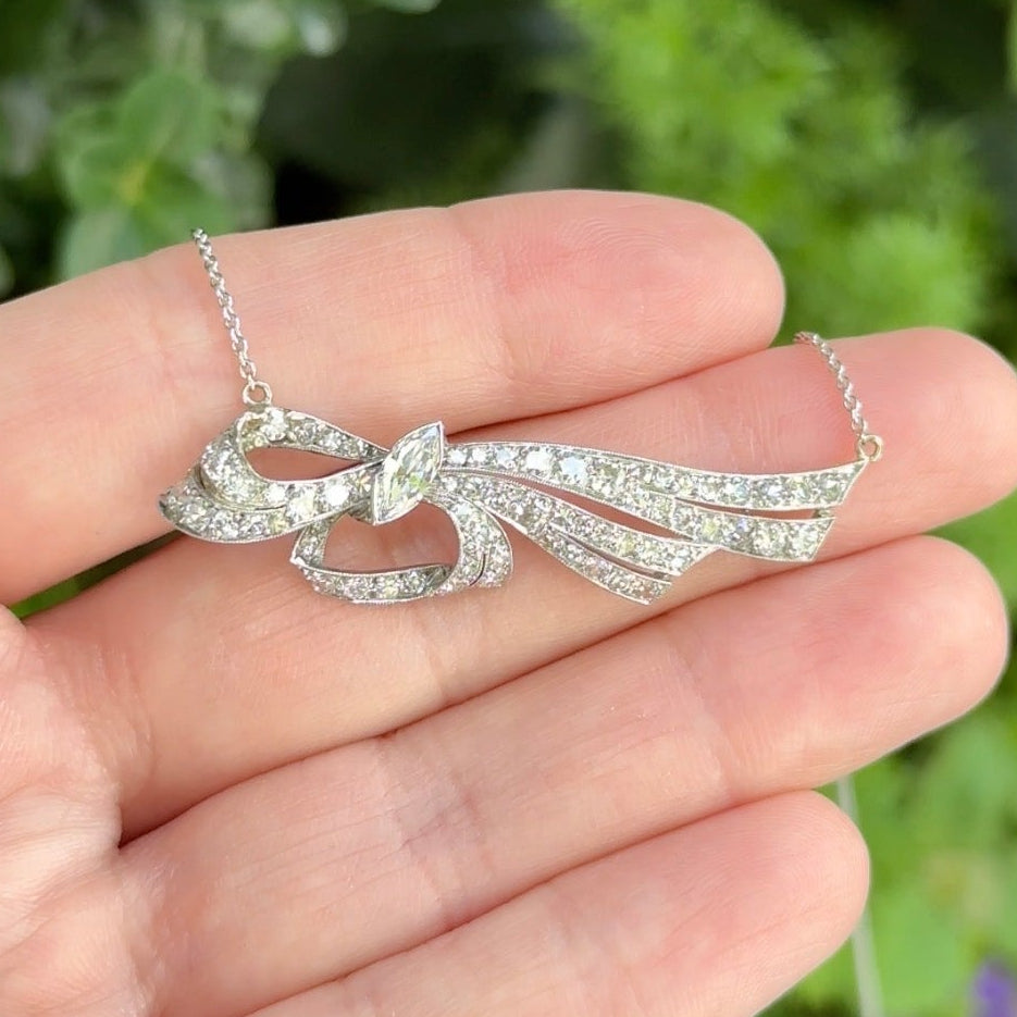 Vintage Platinum Diamond Bow Necklace