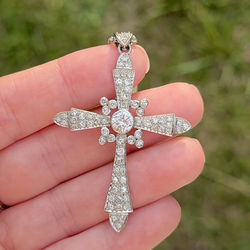 Vintage Platinum Diamond Cross Pendant Necklace