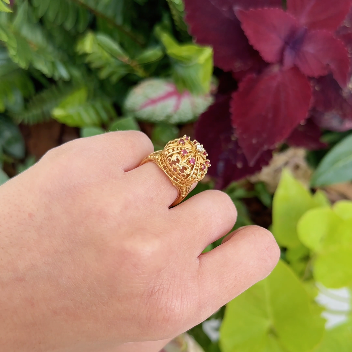 Vintage Ruby & Diamond Crown Ring 18K Yellow Gold