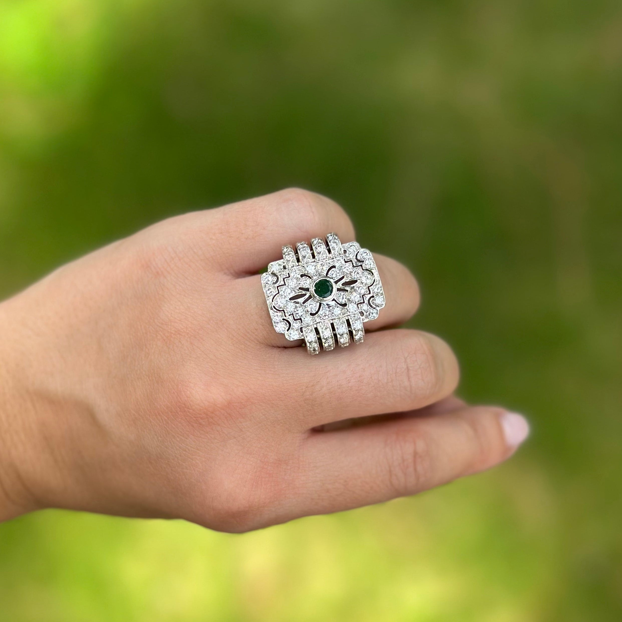 Art Deco Emerald & Diamond Ring 14K White Gold