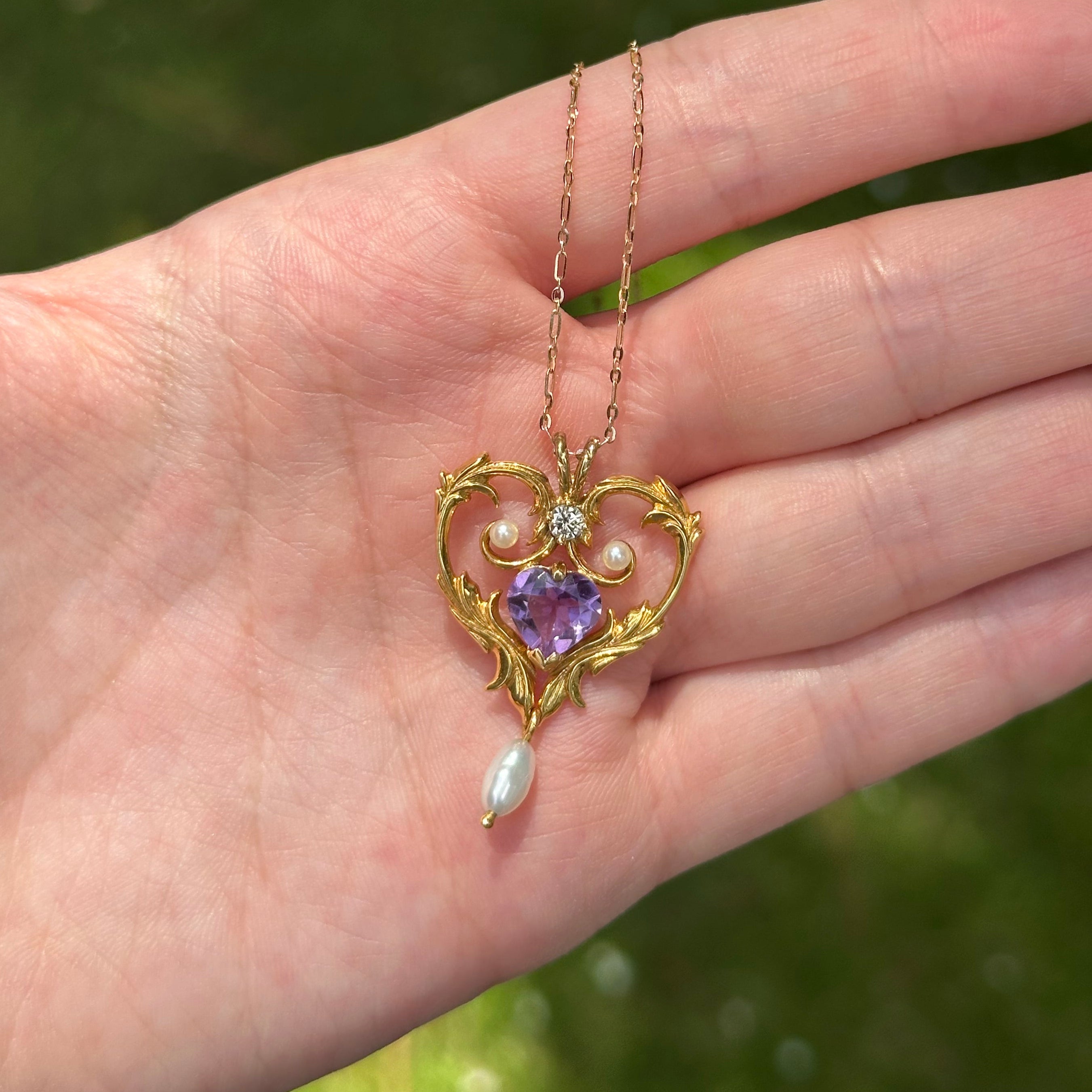 Vintage Amethyst, Pearl & Diamond Lavaliere 14K Gold Necklace