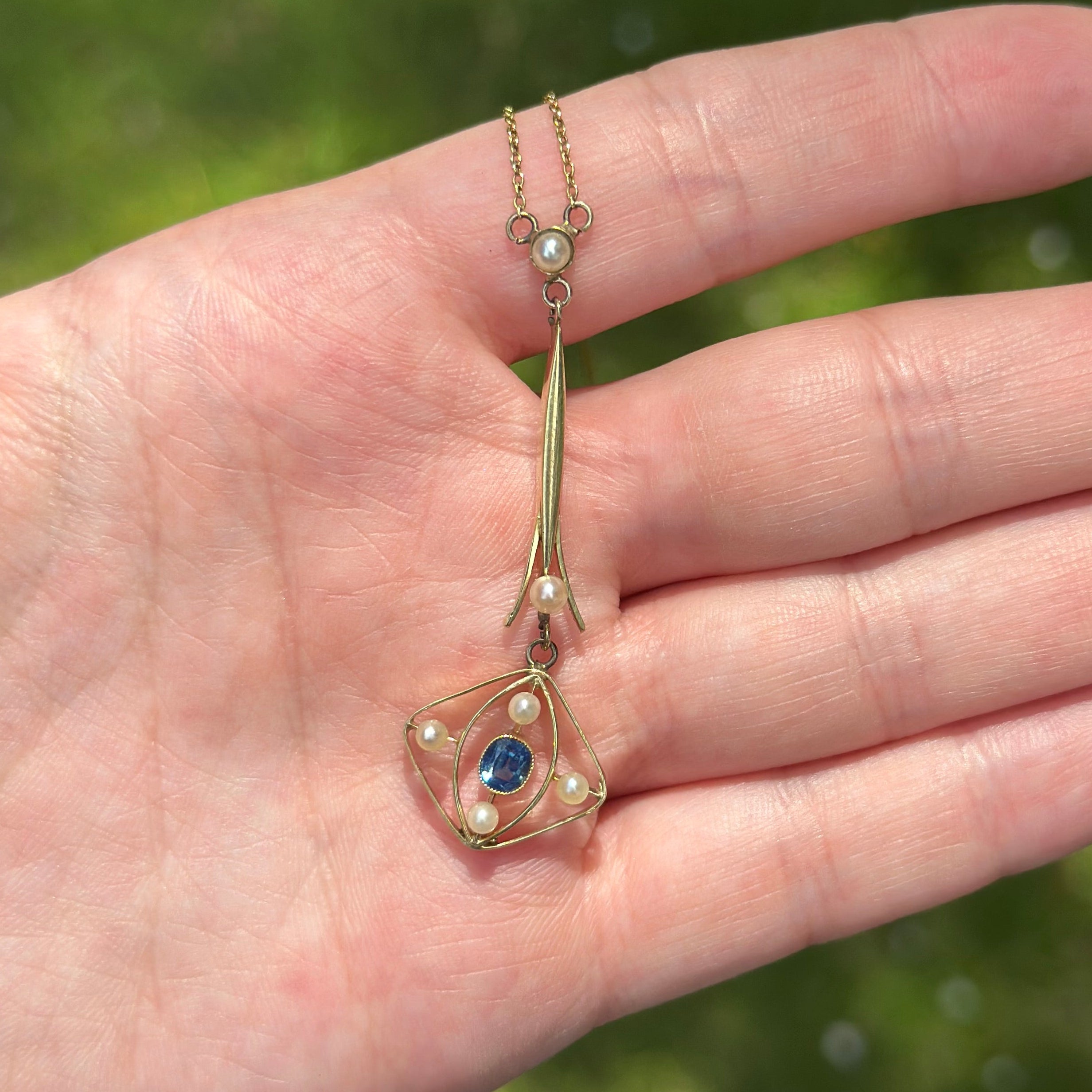Antique Sapphire & Seed Pearl Lavaliere Necklace