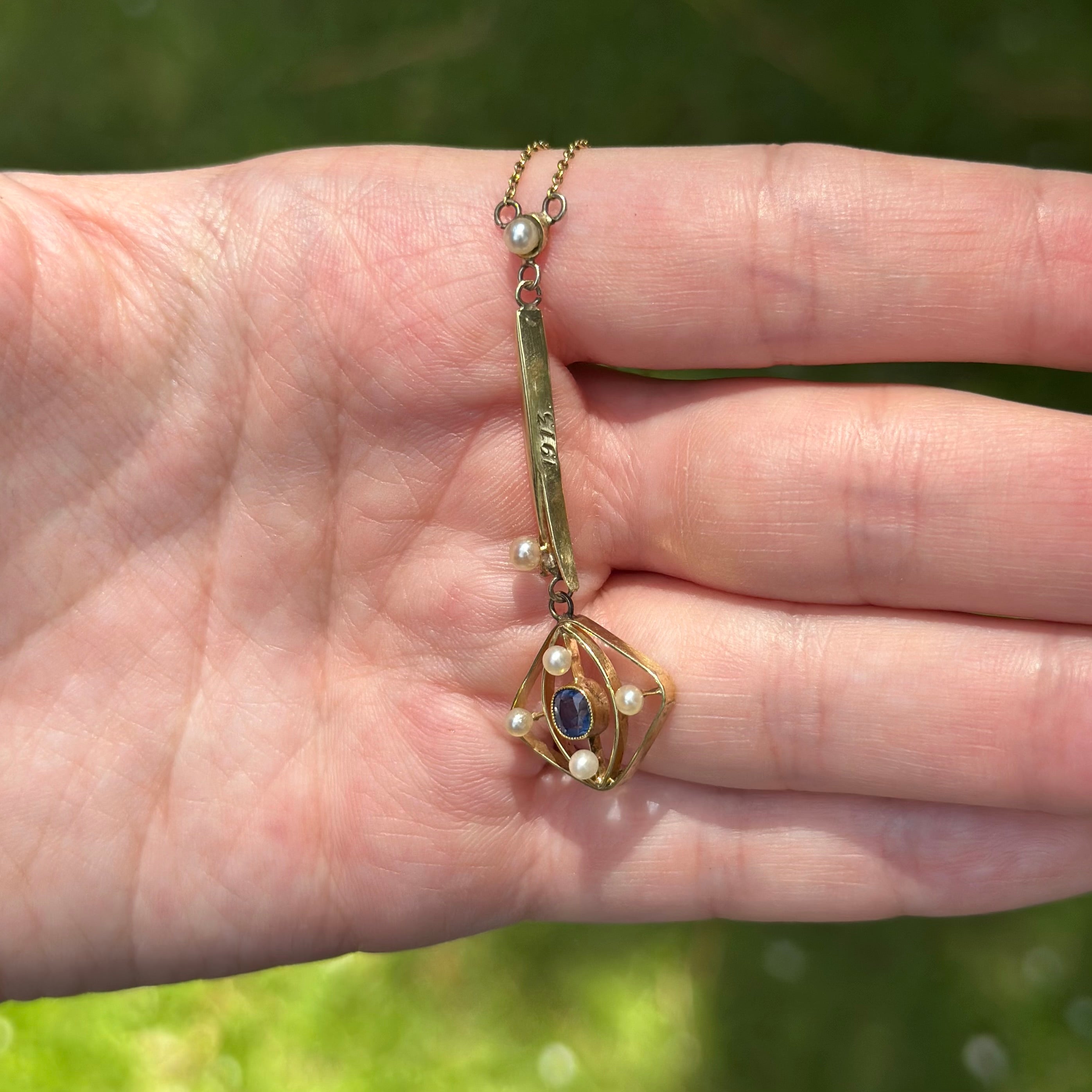Antique Sapphire & Seed Pearl Lavaliere Necklace
