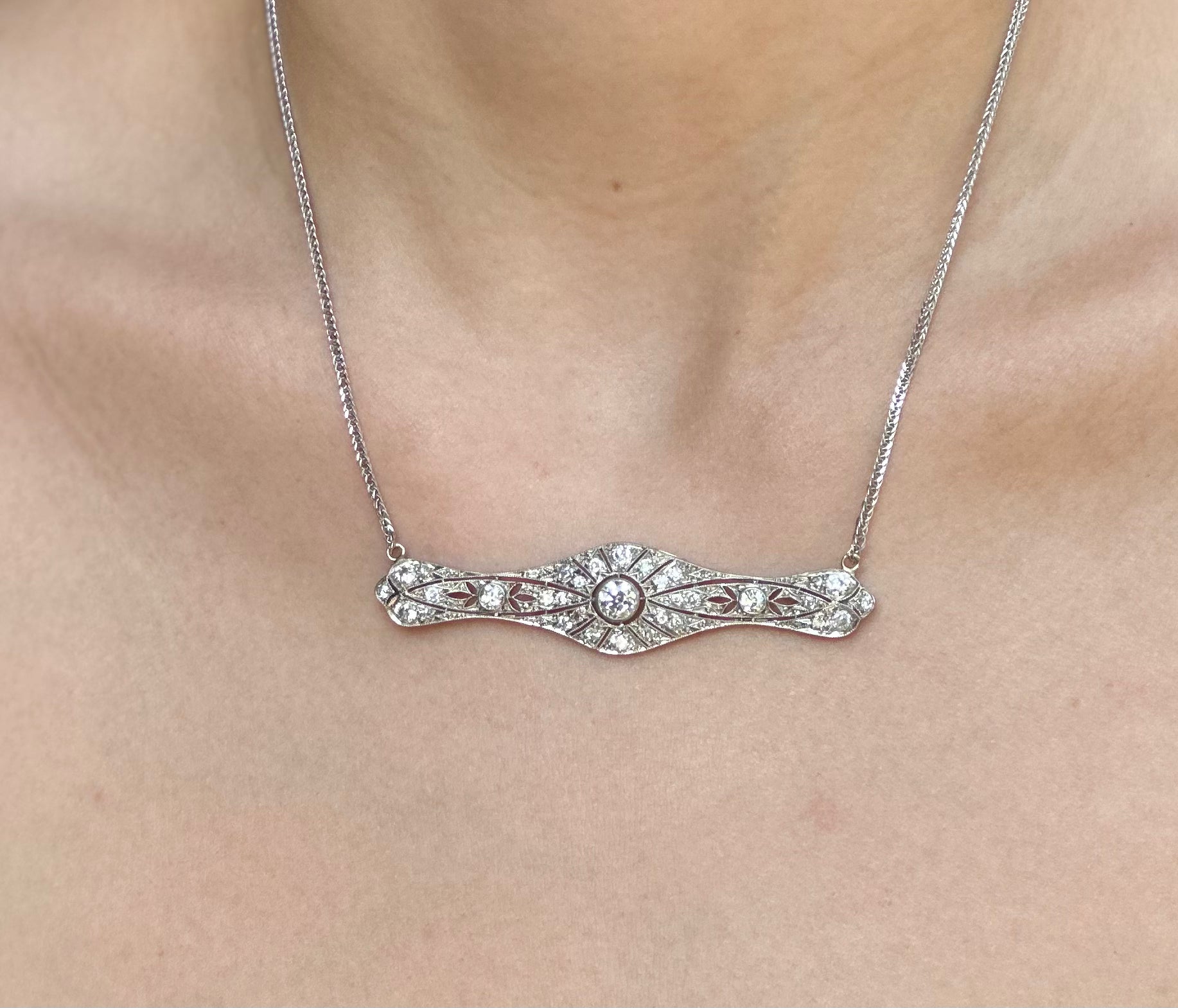 Vintage Platinum Diamond Brooch Necklace