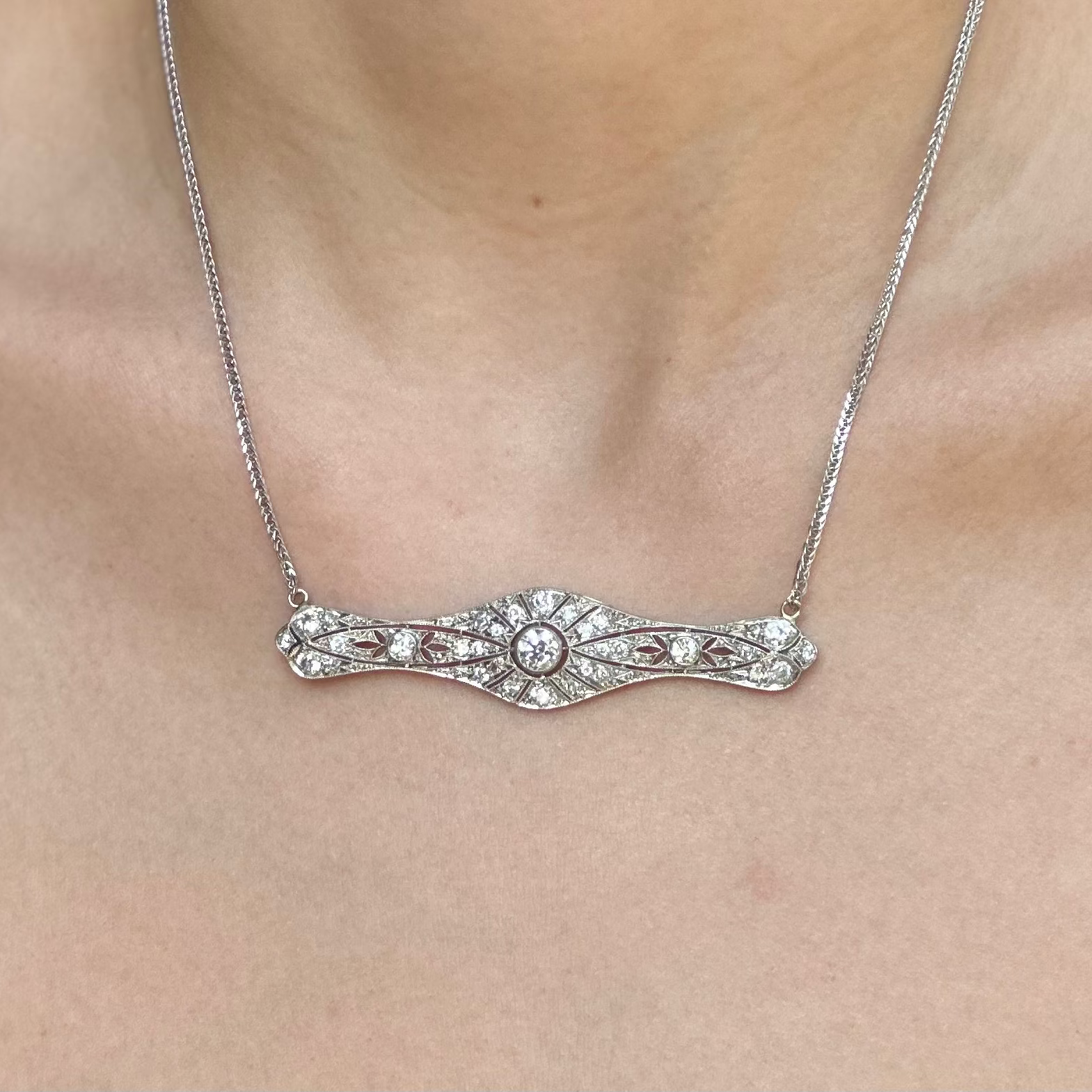 Vintage Platinum Diamond Brooch Necklace