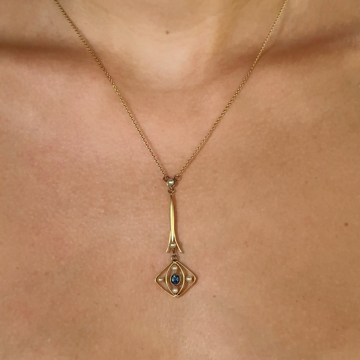 Antique Sapphire & Seed Pearl Lavaliere Necklace