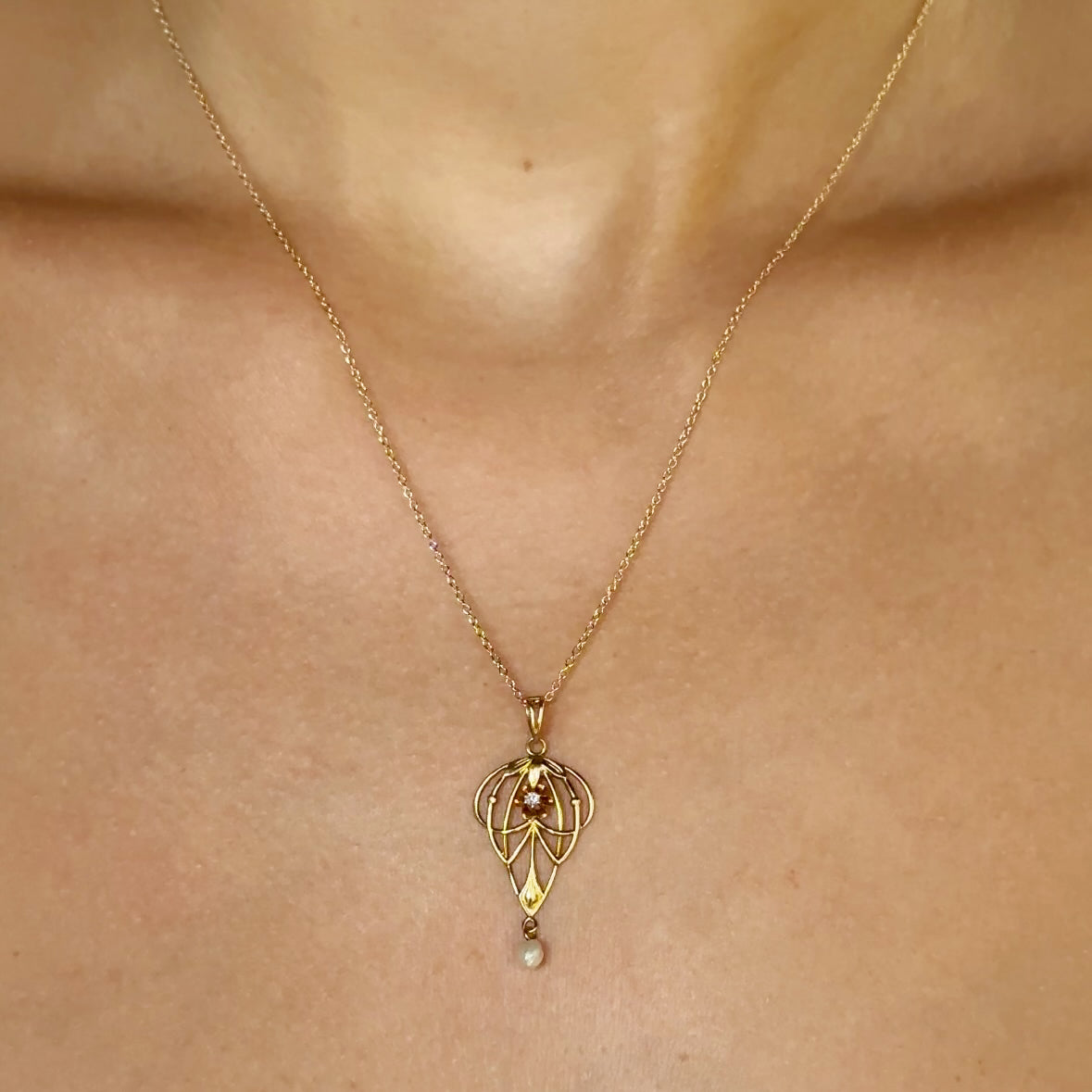 Vintage Diamond & Pearl Art Nouveau Lavaliere 10K Gold Necklace