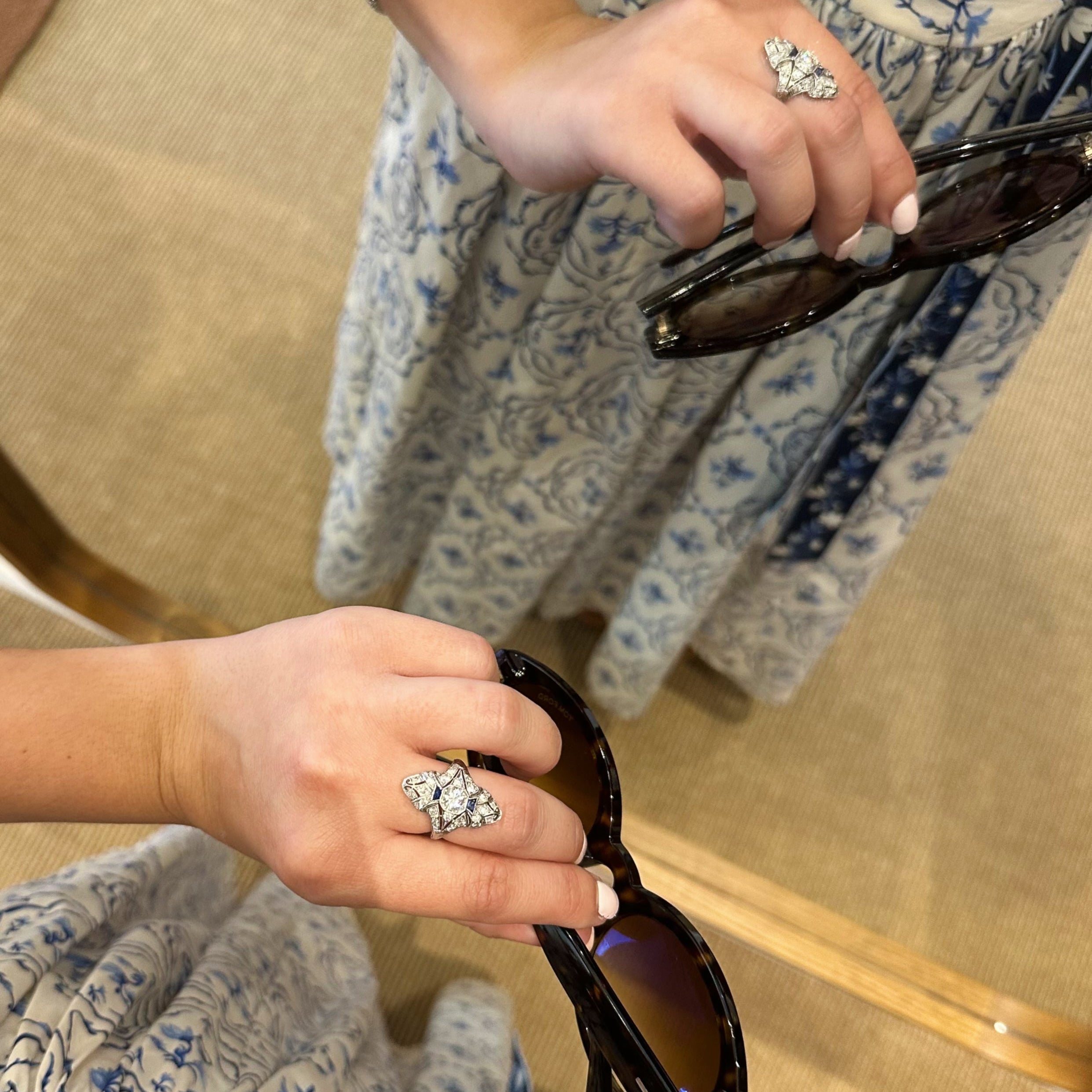 Art Deco Diamond & Sapphire Navette Ring Platinum