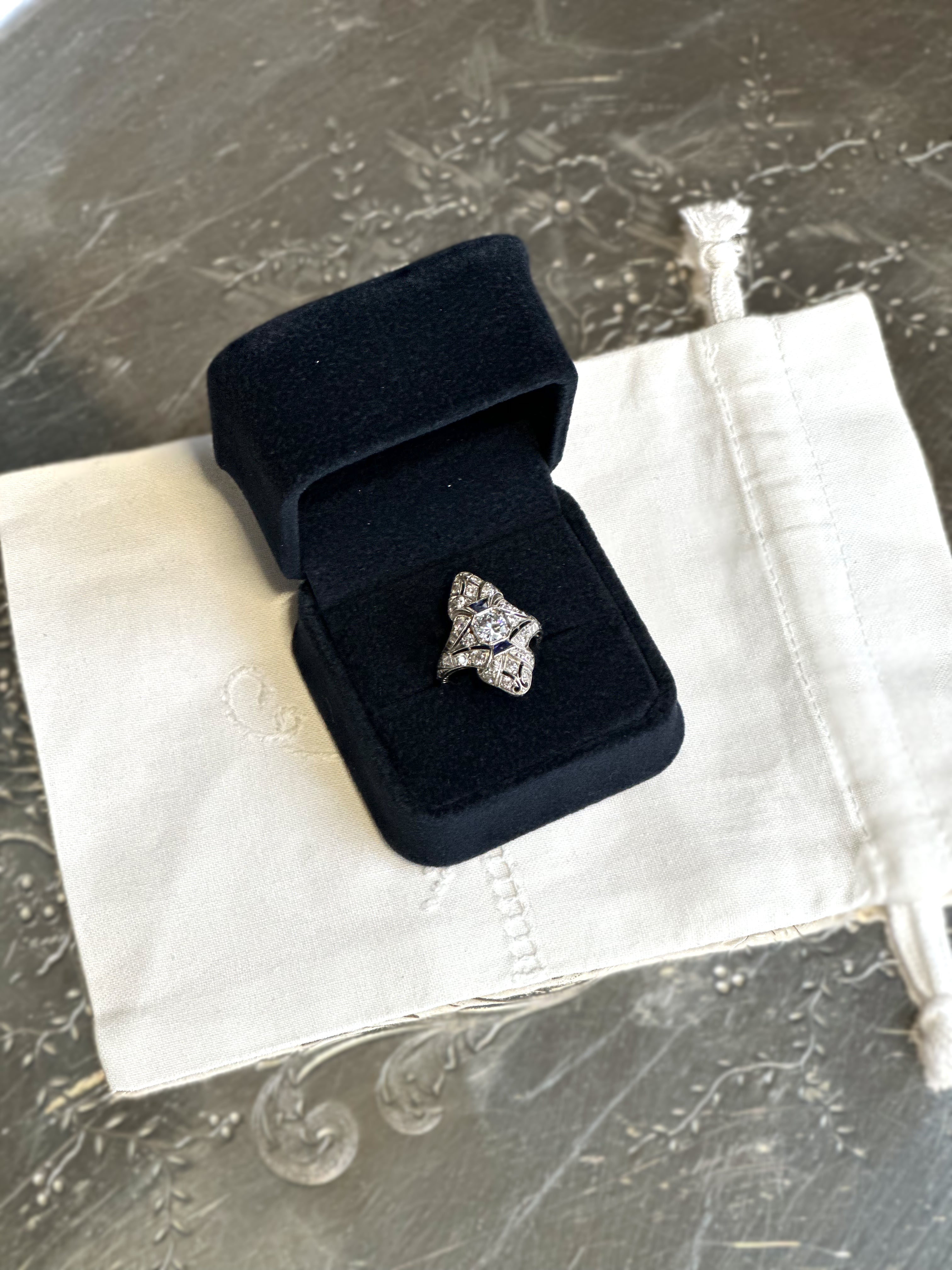Art Deco Diamond & Sapphire Navette Ring Platinum