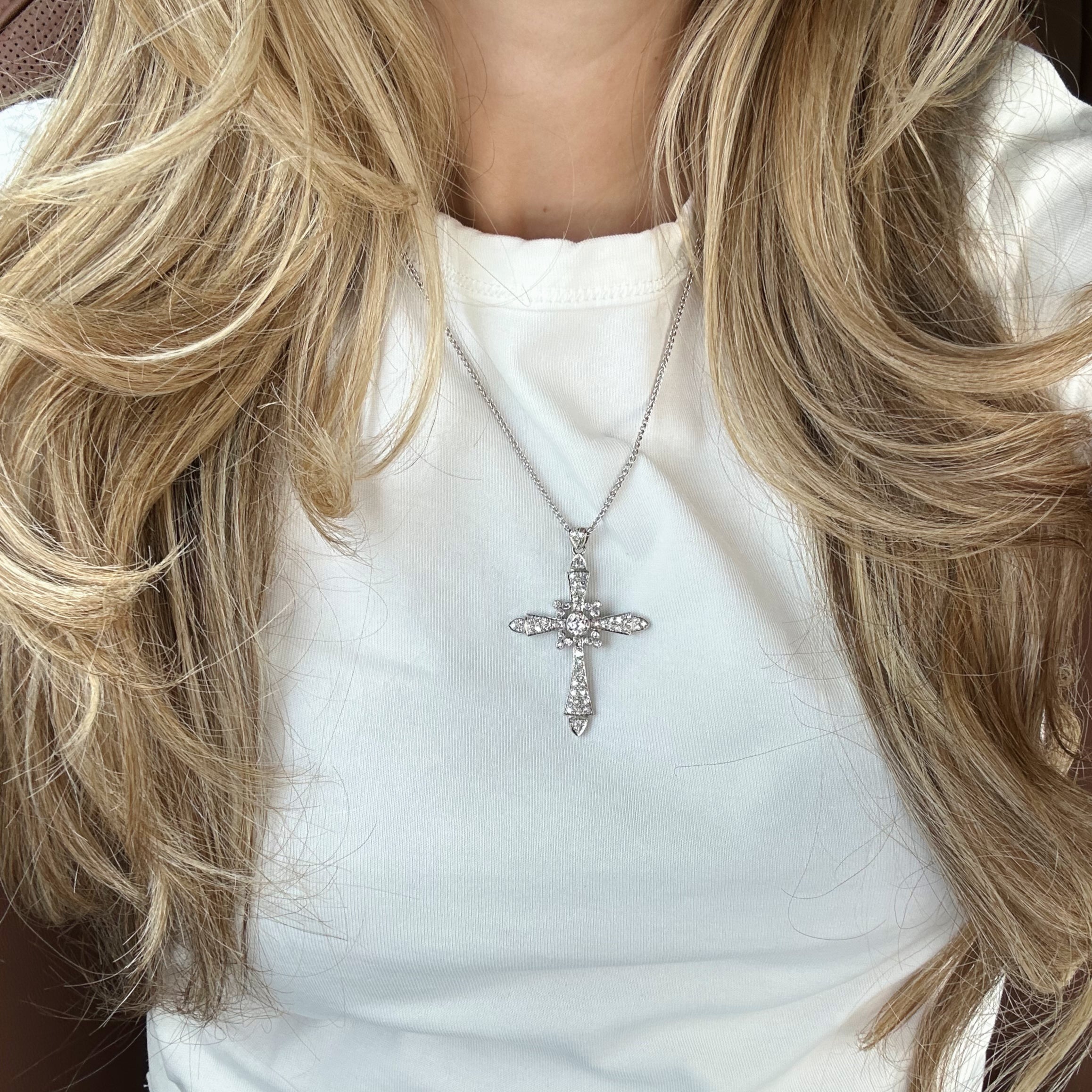 Vintage Platinum Diamond Cross Pendant Necklace