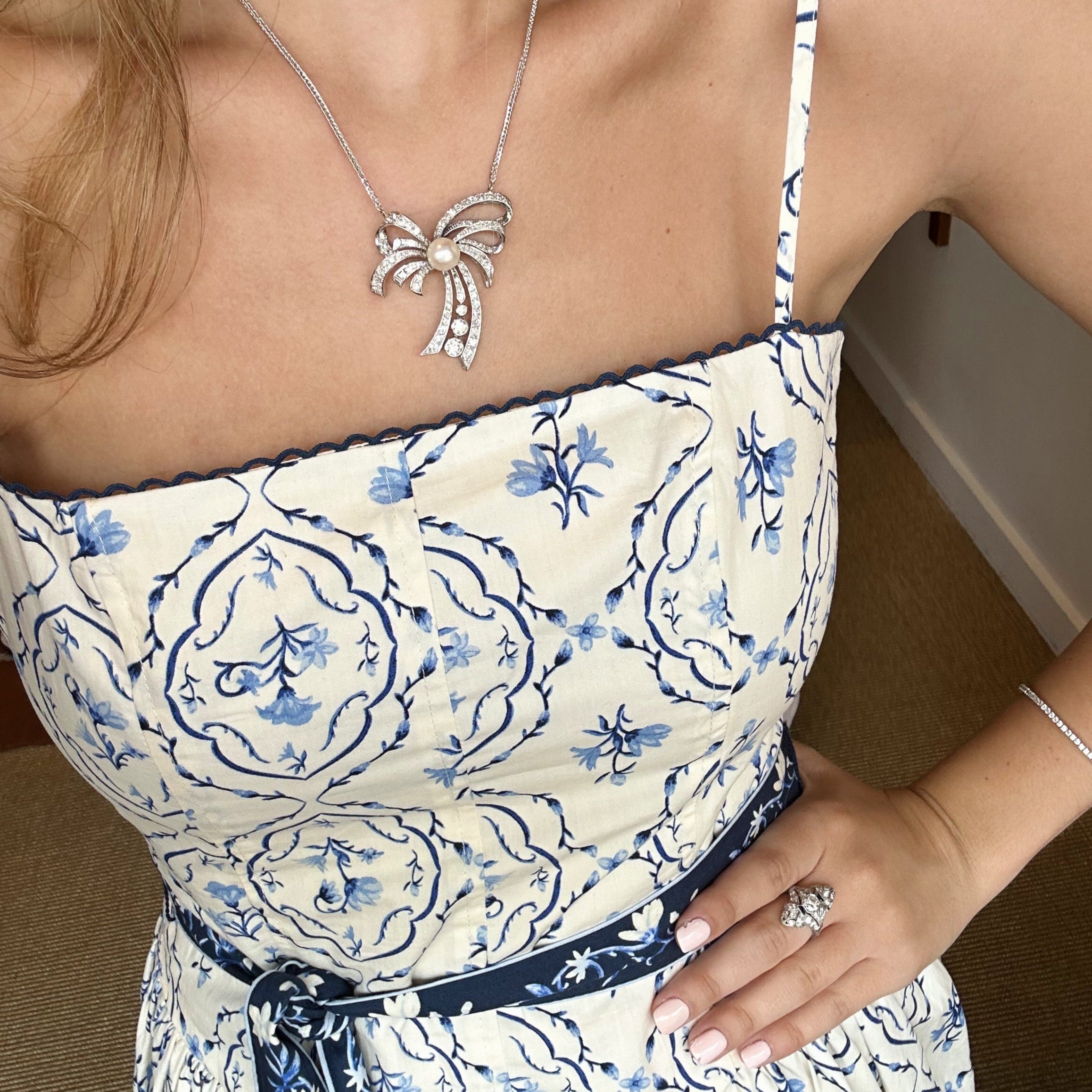 Vintage Diamond & Pearl Necklace 18K White Gold
