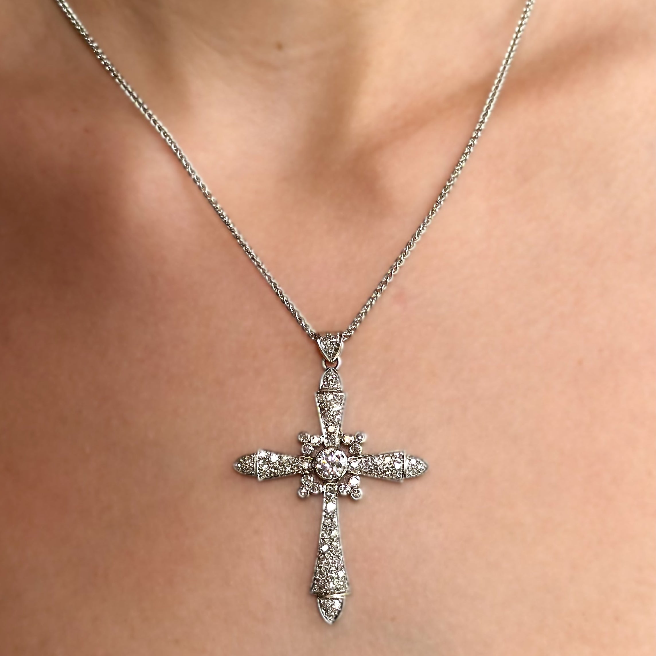 Vintage Platinum Diamond Cross Pendant Necklace
