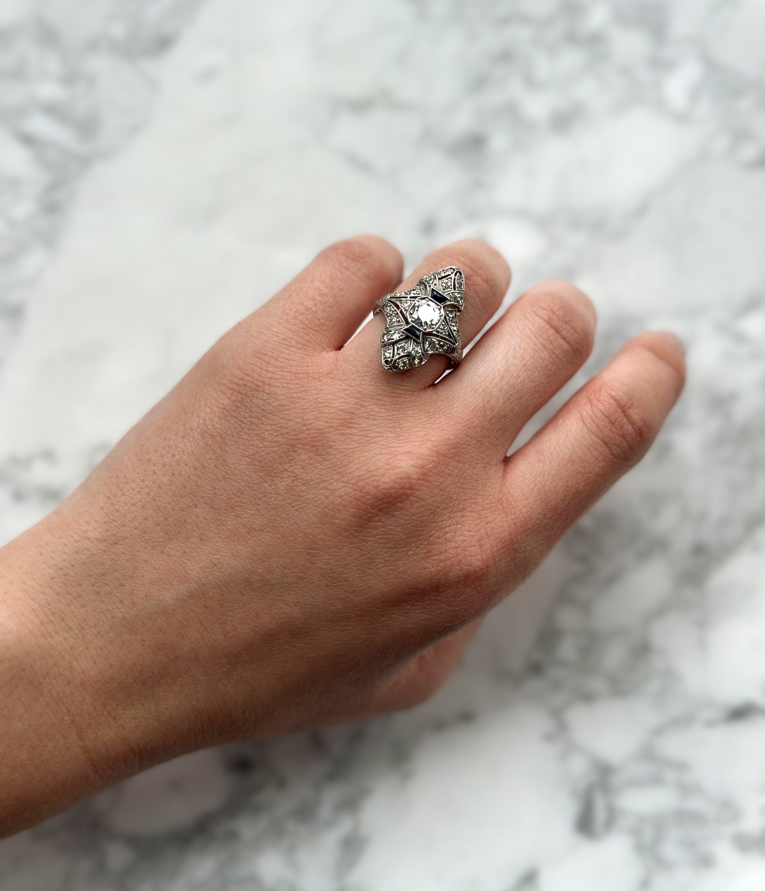 Art Deco Diamond & Sapphire Navette Ring Platinum