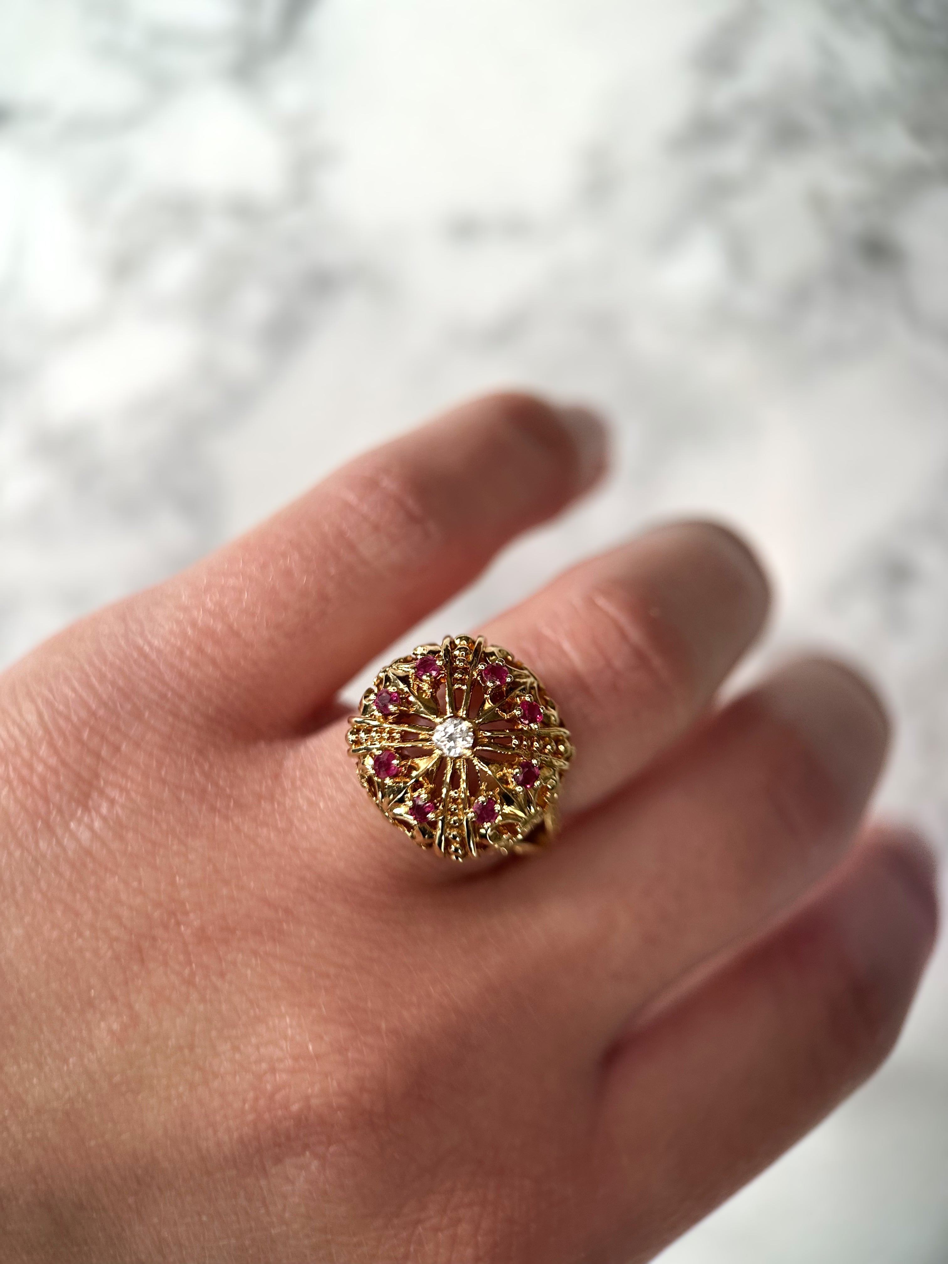 Vintage Ruby & Diamond Crown Ring 18K Yellow Gold