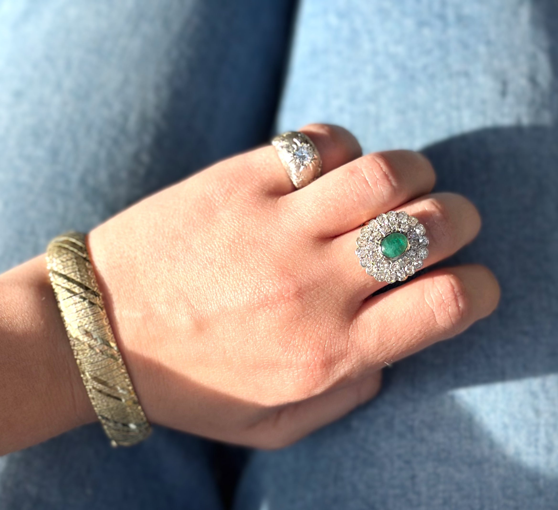 Italian Gold Bracelet 10K Yellow Gold | Antique Emerald & Diamond Ring 18K Yellow Gold & Platinum | Vintage 14K White Gold Starburst Diamond Ring