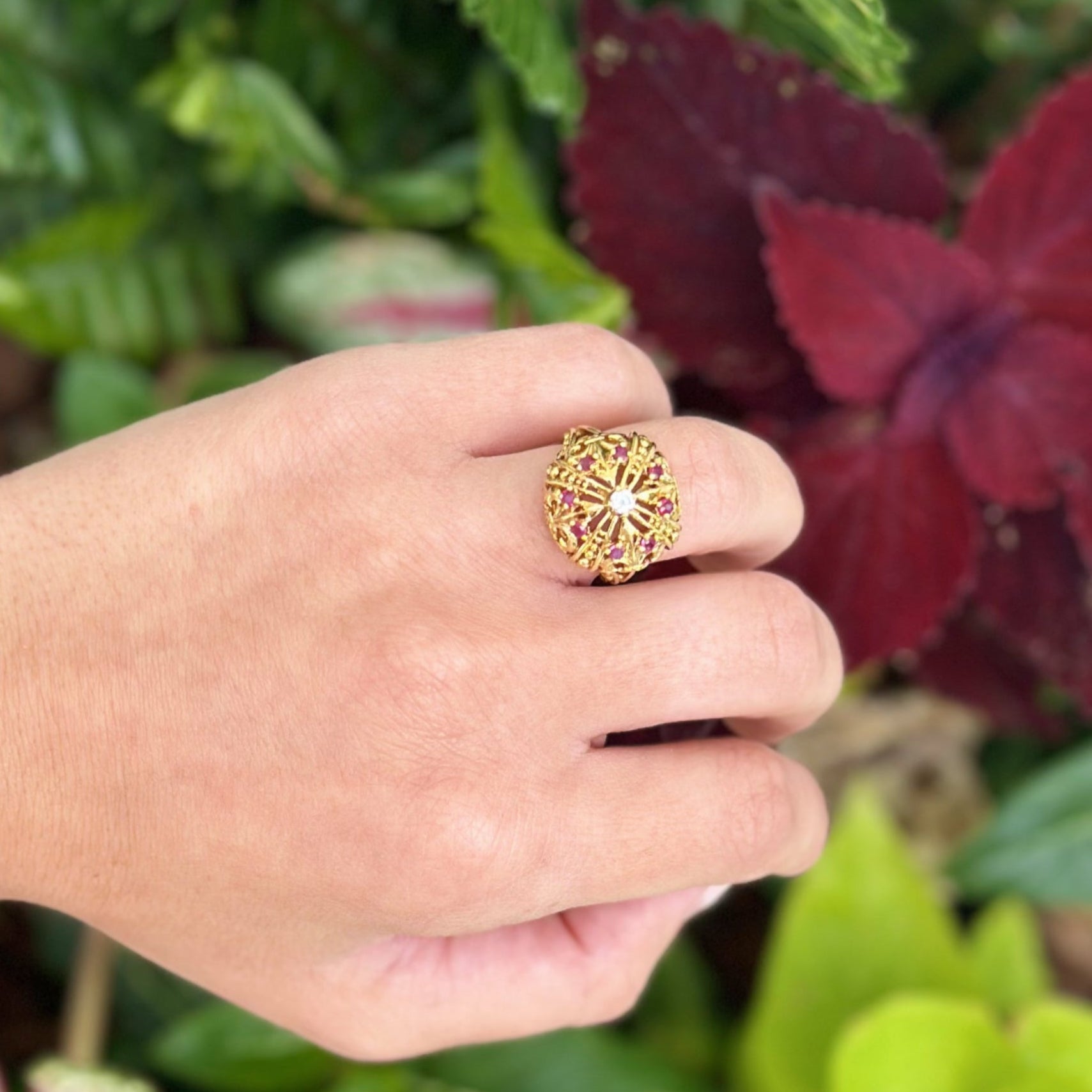 Vintage Ruby & Diamond Crown Ring 18K Yellow Gold