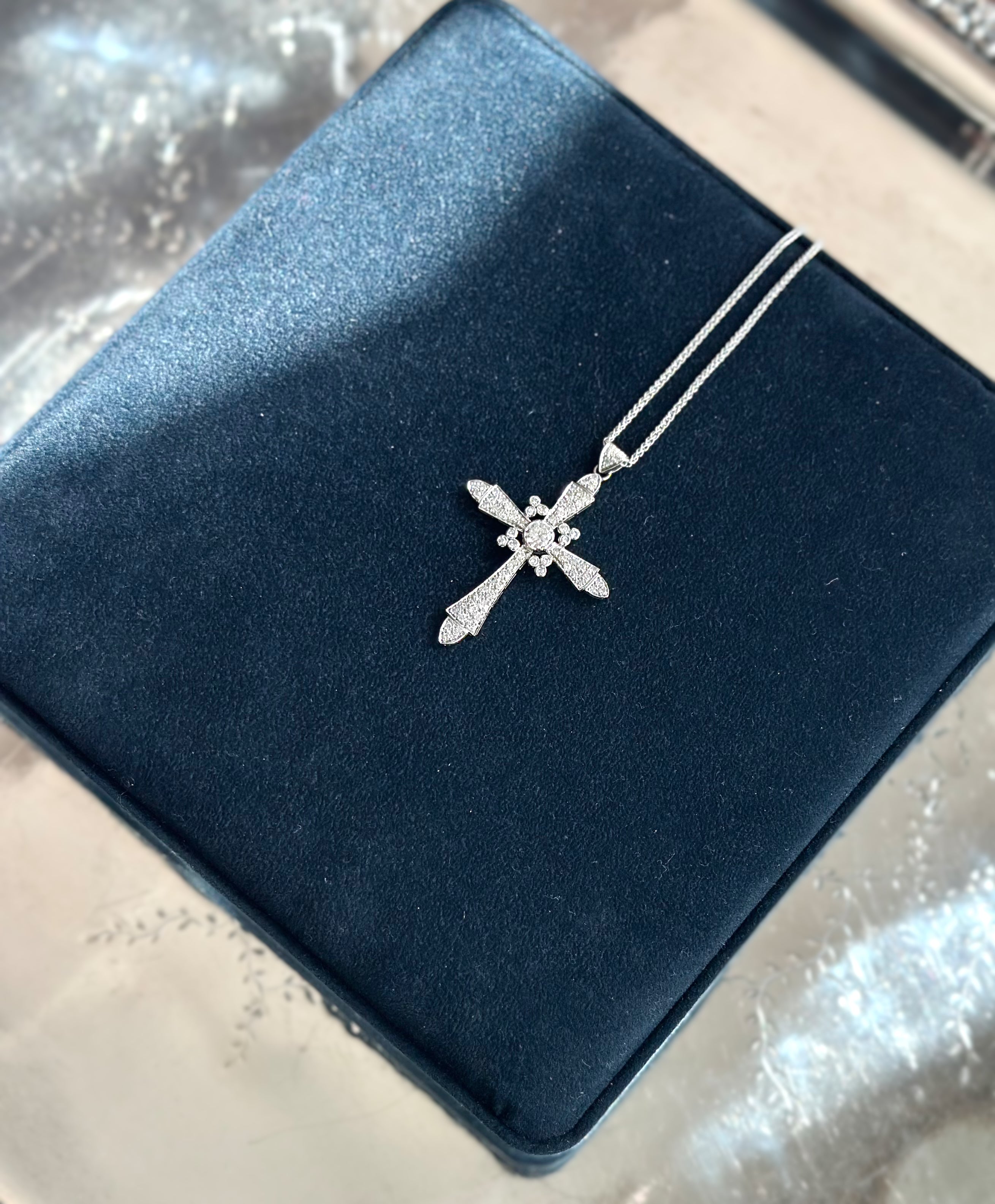Vintage Platinum Diamond Cross Pendant Necklace
