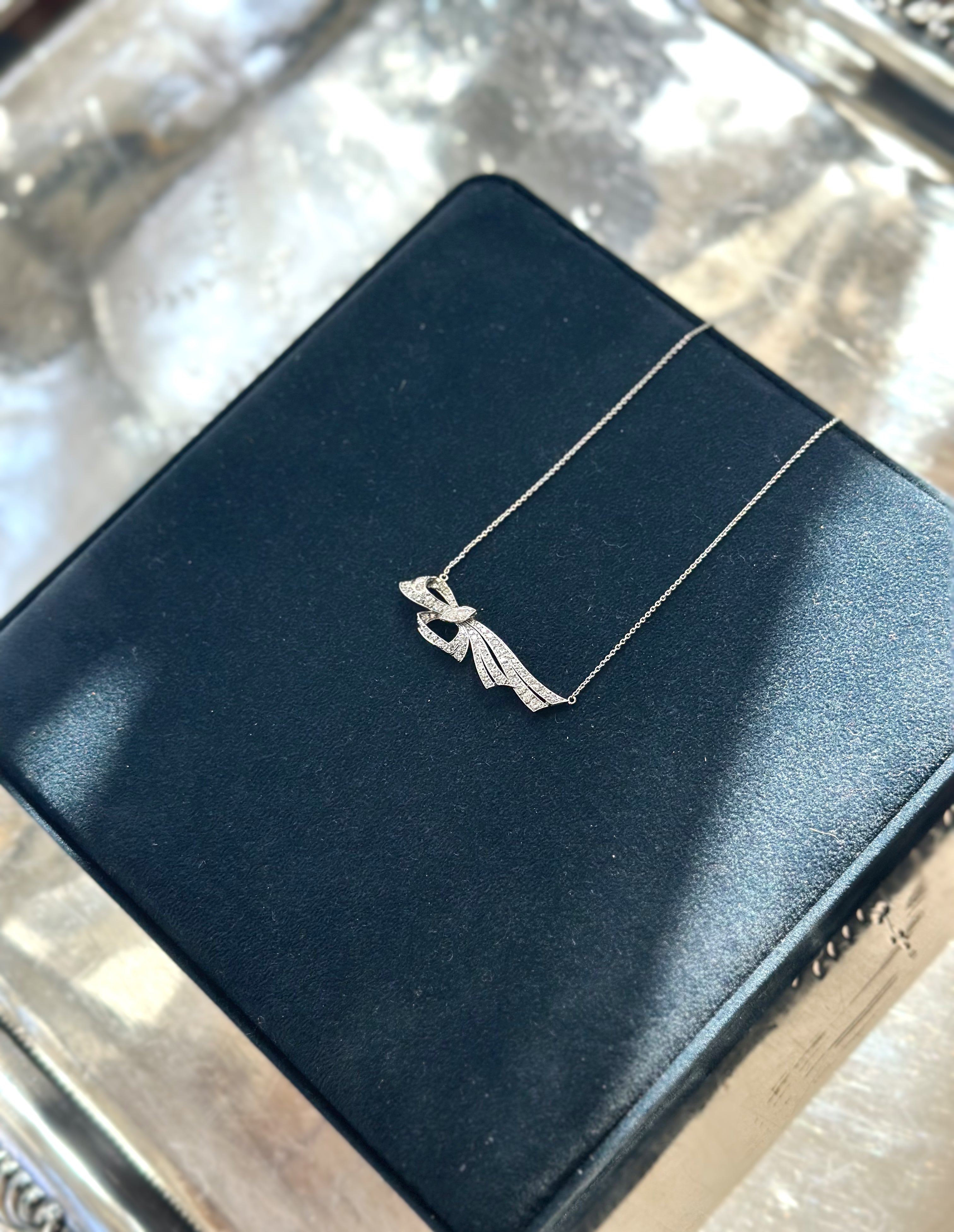 Vintage Platinum Diamond Bow Brooch Necklace
