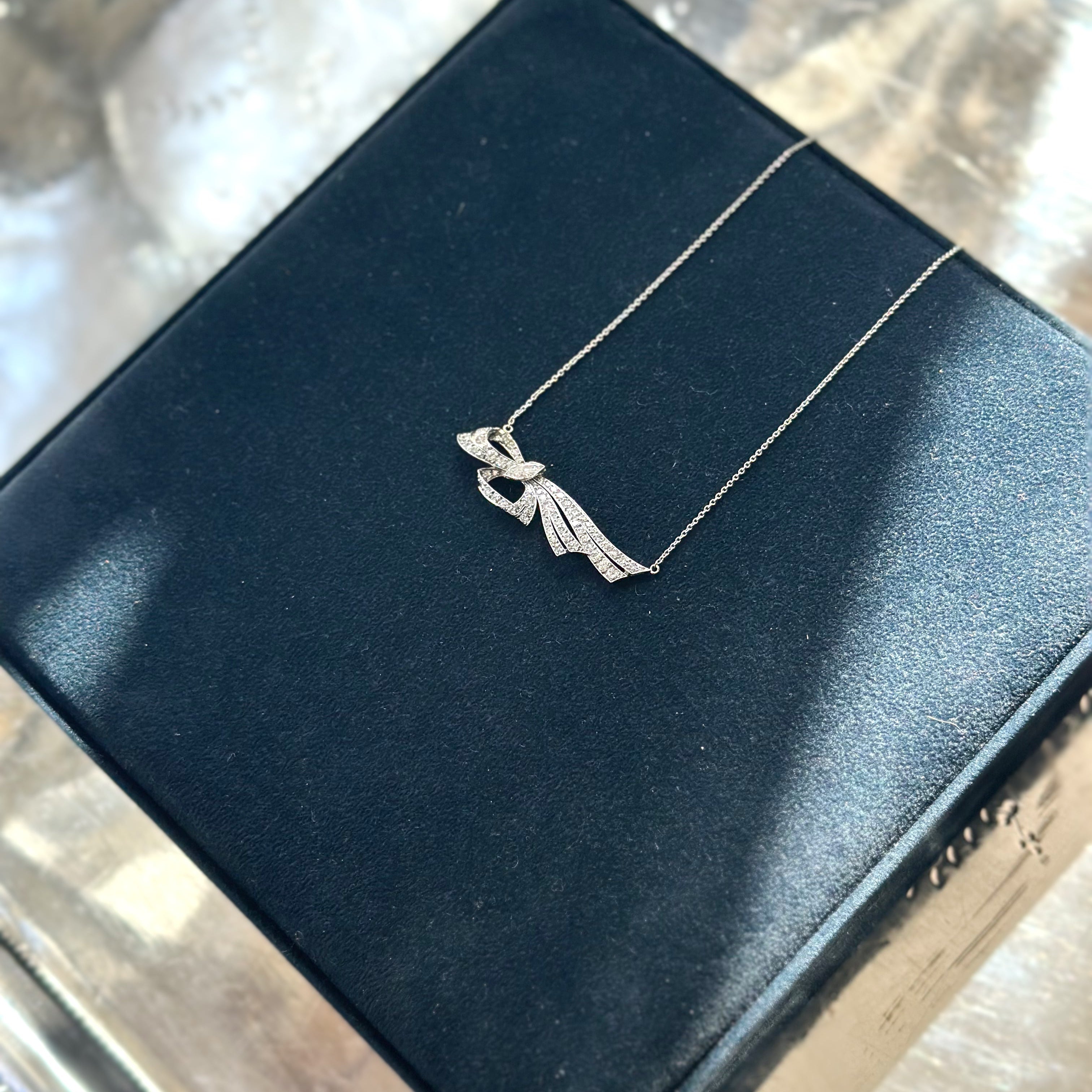 Vintage Platinum Diamond Bow Brooch Necklace