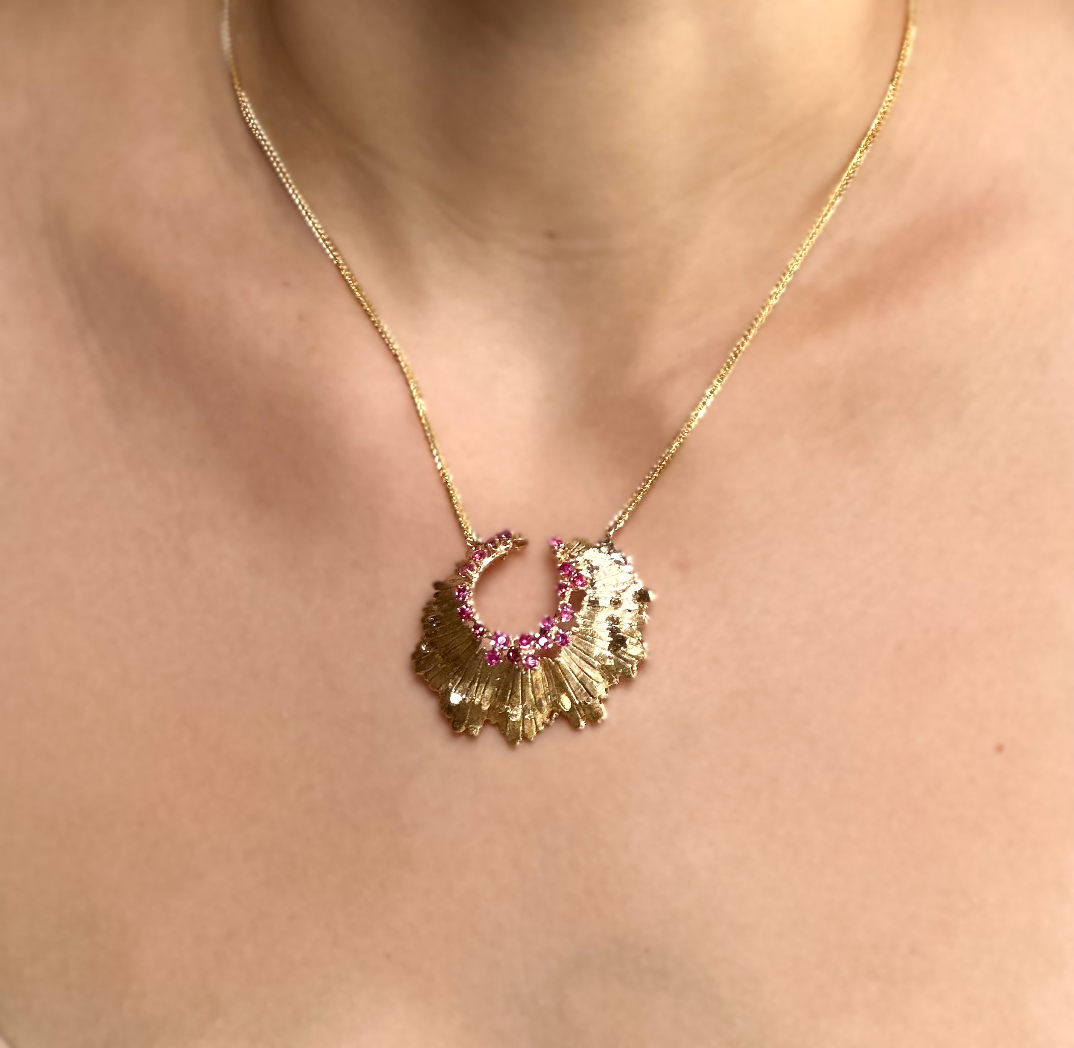 Vintage Ruby Brooch Necklace 14K Yellow Gold