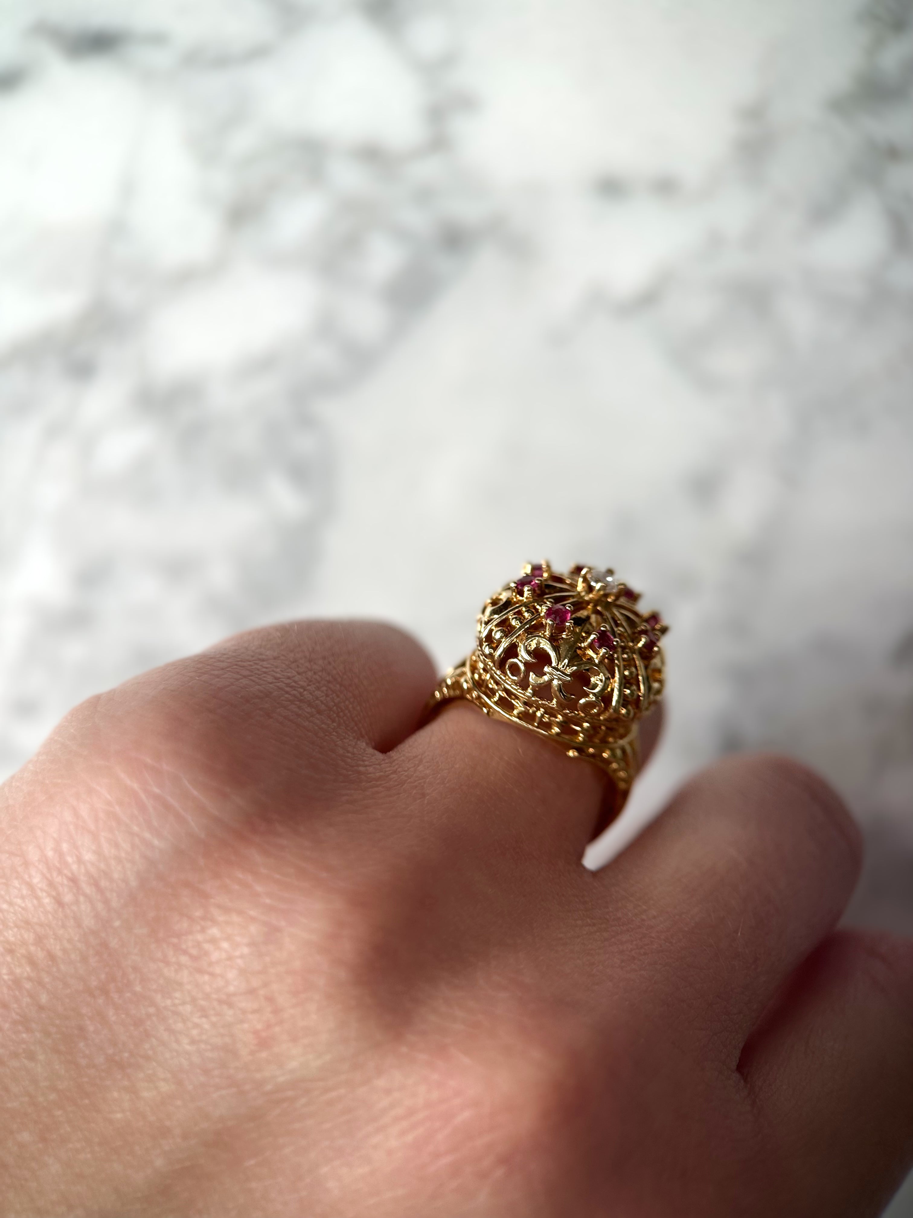 Vintage Ruby & Diamond Crown Ring 18K Yellow Gold