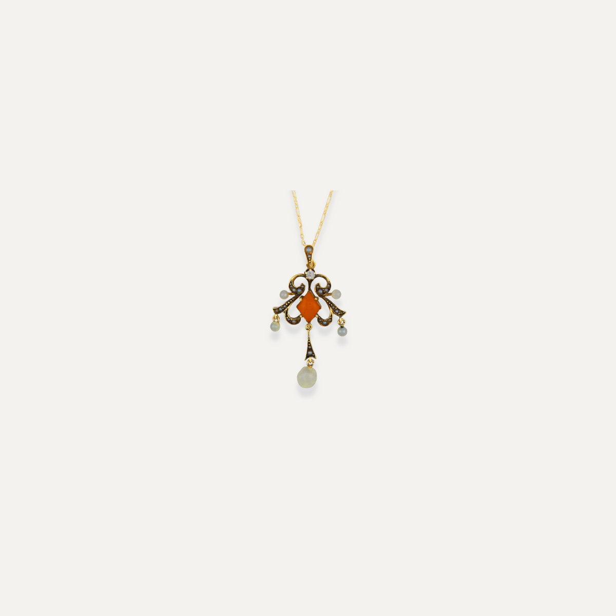 Vintage Pearl & Coral Art Nouveau Lavaliere 14K Gold Necklace