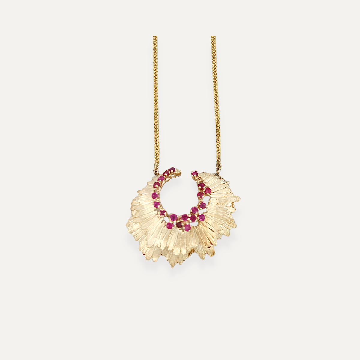 Vintage Ruby Brooch Necklace 14K Yellow Gold
