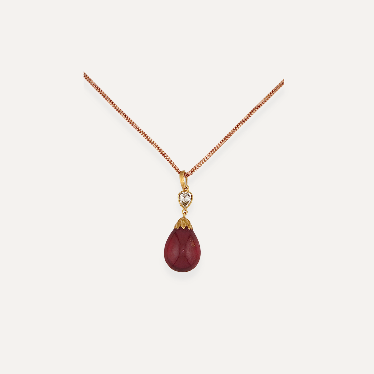 Vintage Ruby Cabochon & Diamond Pendant Necklace 18K Gold