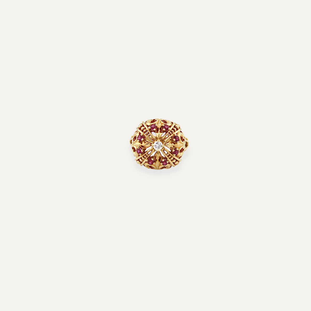 Vintage Ruby & Diamond Crown Ring 18K Yellow Gold