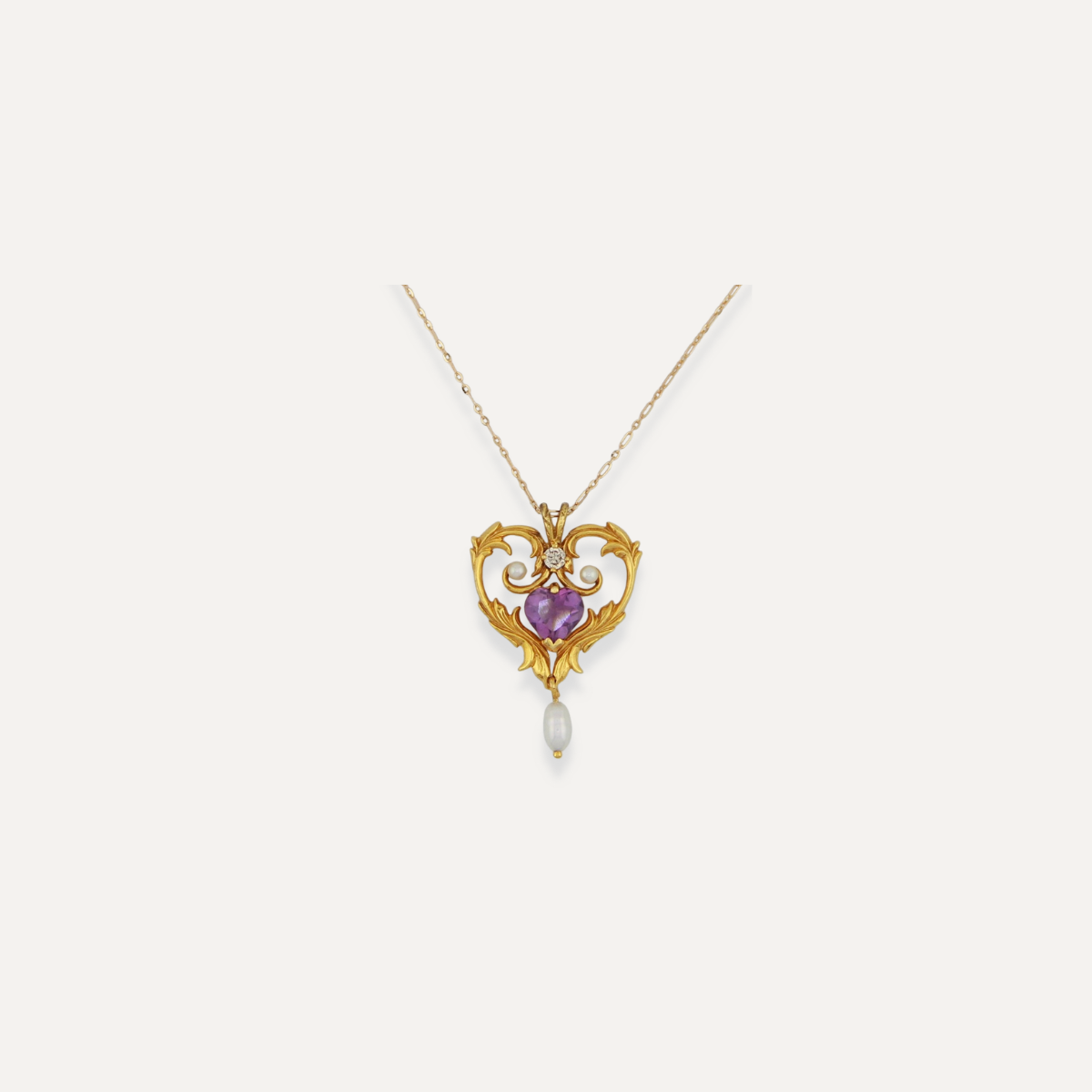 Vintage Amethyst, Pearl & Diamond Lavaliere 14K Gold Necklace