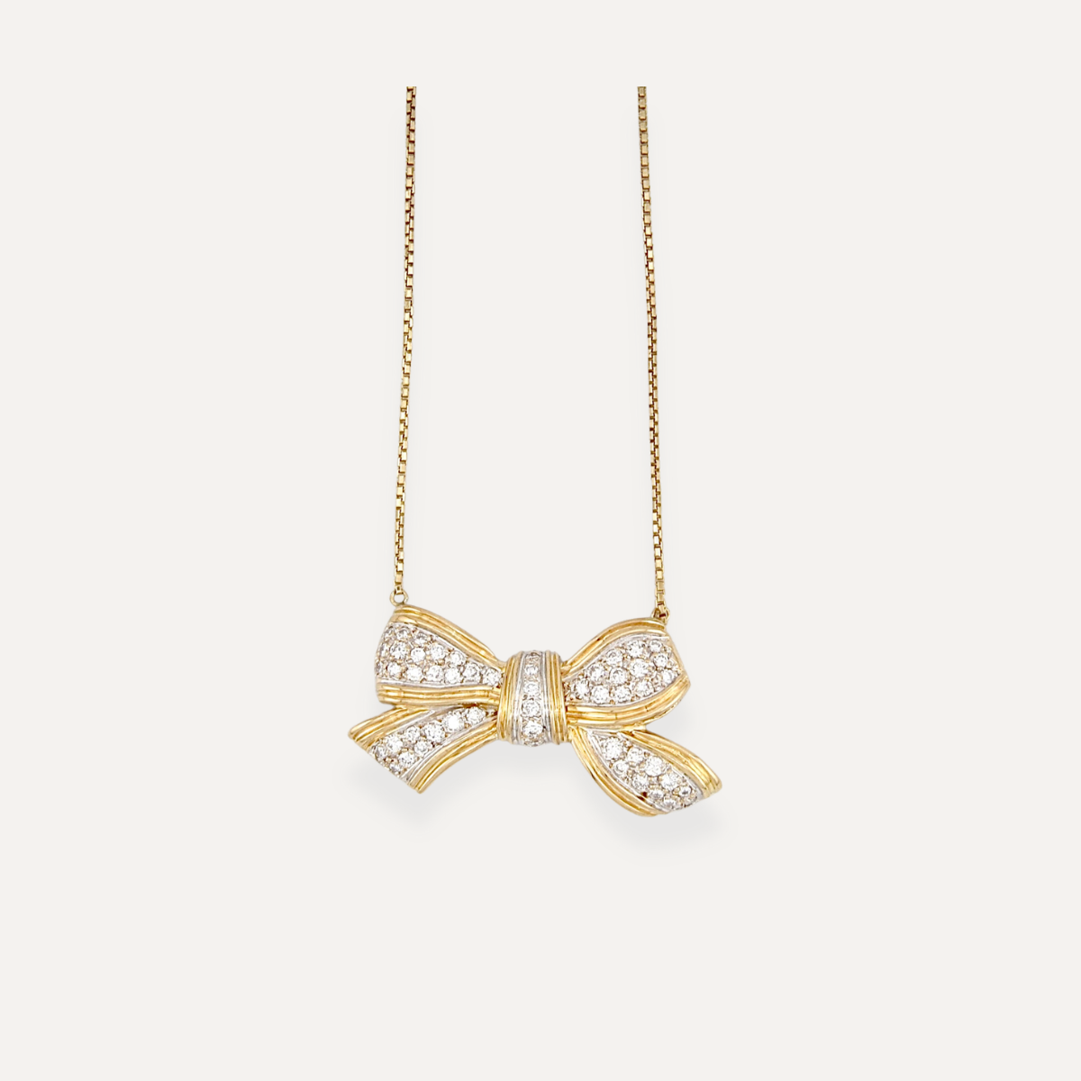 Vintage Diamond Bow Brooch Necklace 18K Yellow Gold