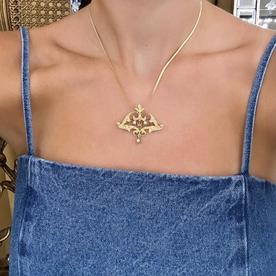 Vintage Seed Pearl & Diamond Brooch Pendant Necklace