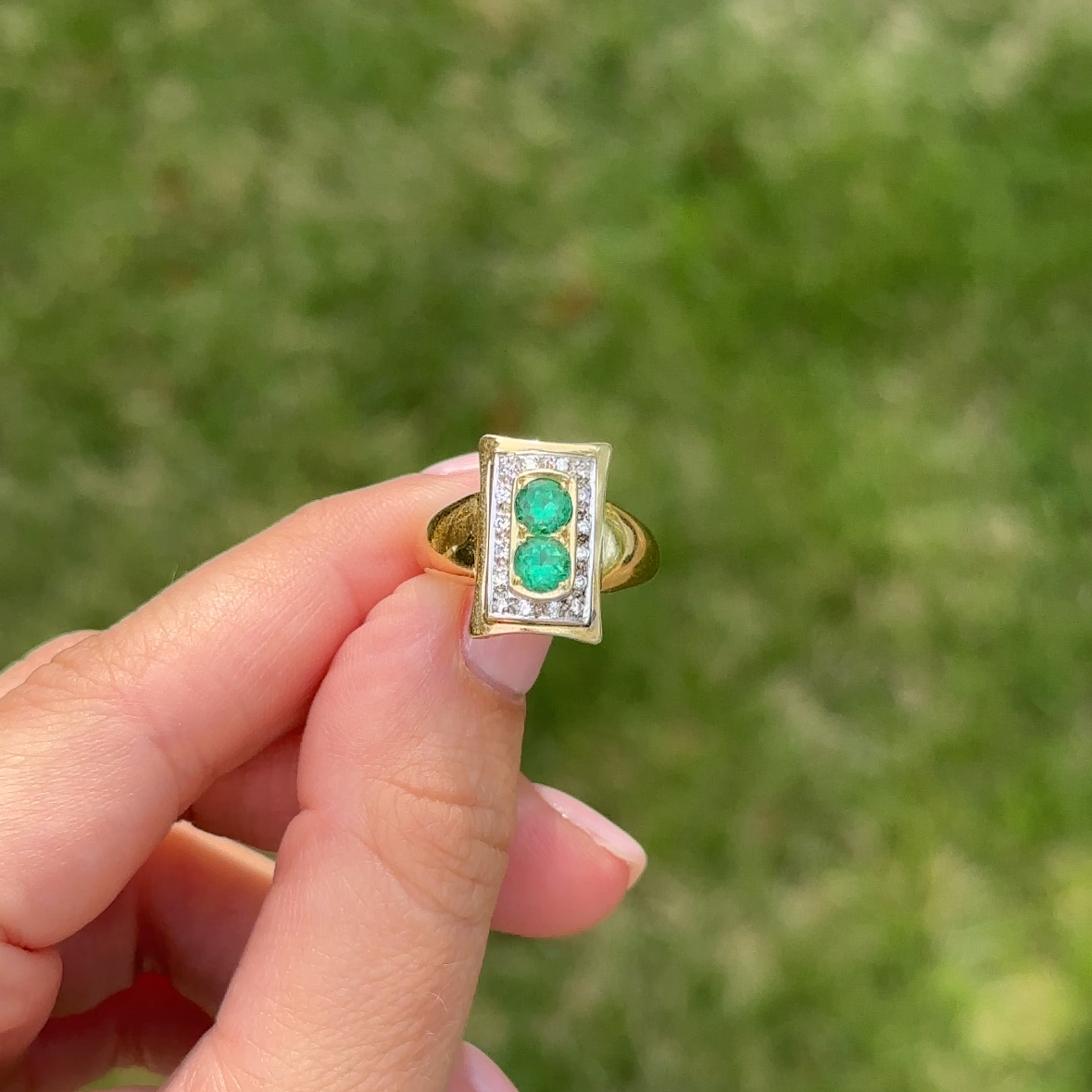 Retro Emerald & Diamond Ring 18K Yellow & White Gold