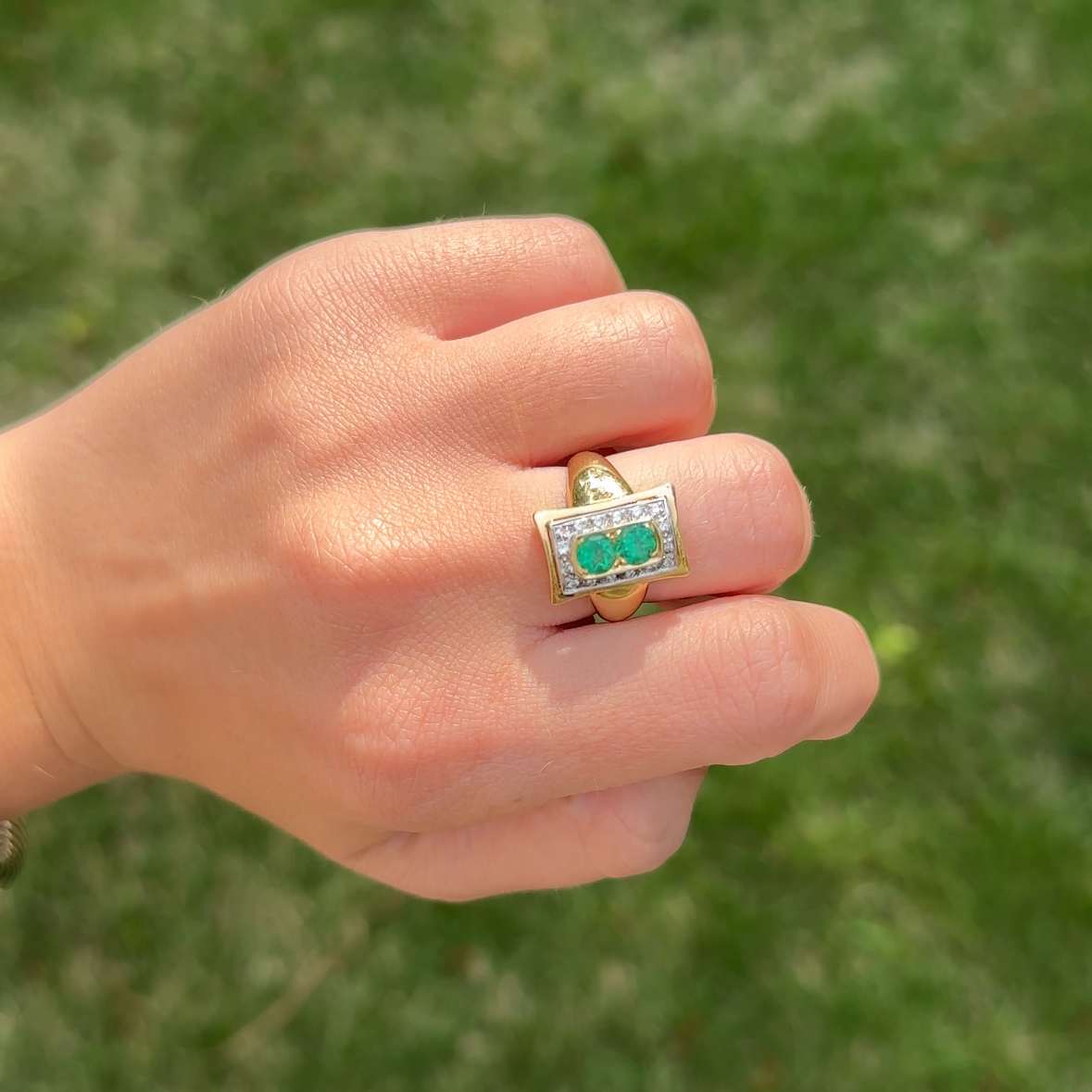 Retro Emerald & Diamond Ring 18K Yellow & White Gold