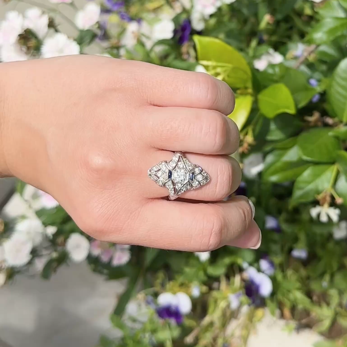 Art Deco Diamond & Sapphire Navette Ring Platinum