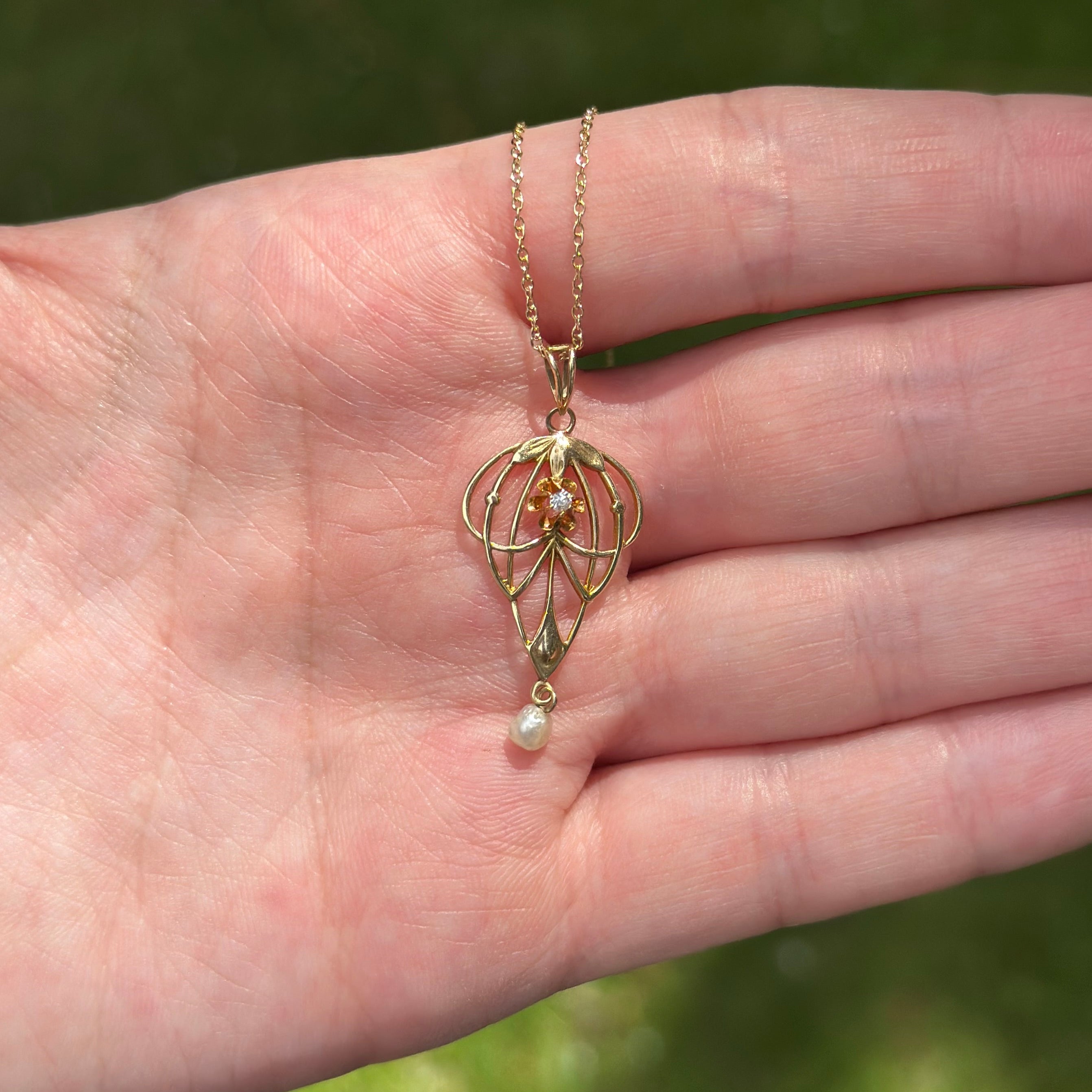 Vintage Diamond & Pearl Art Nouveau Lavaliere 10K Gold Necklace