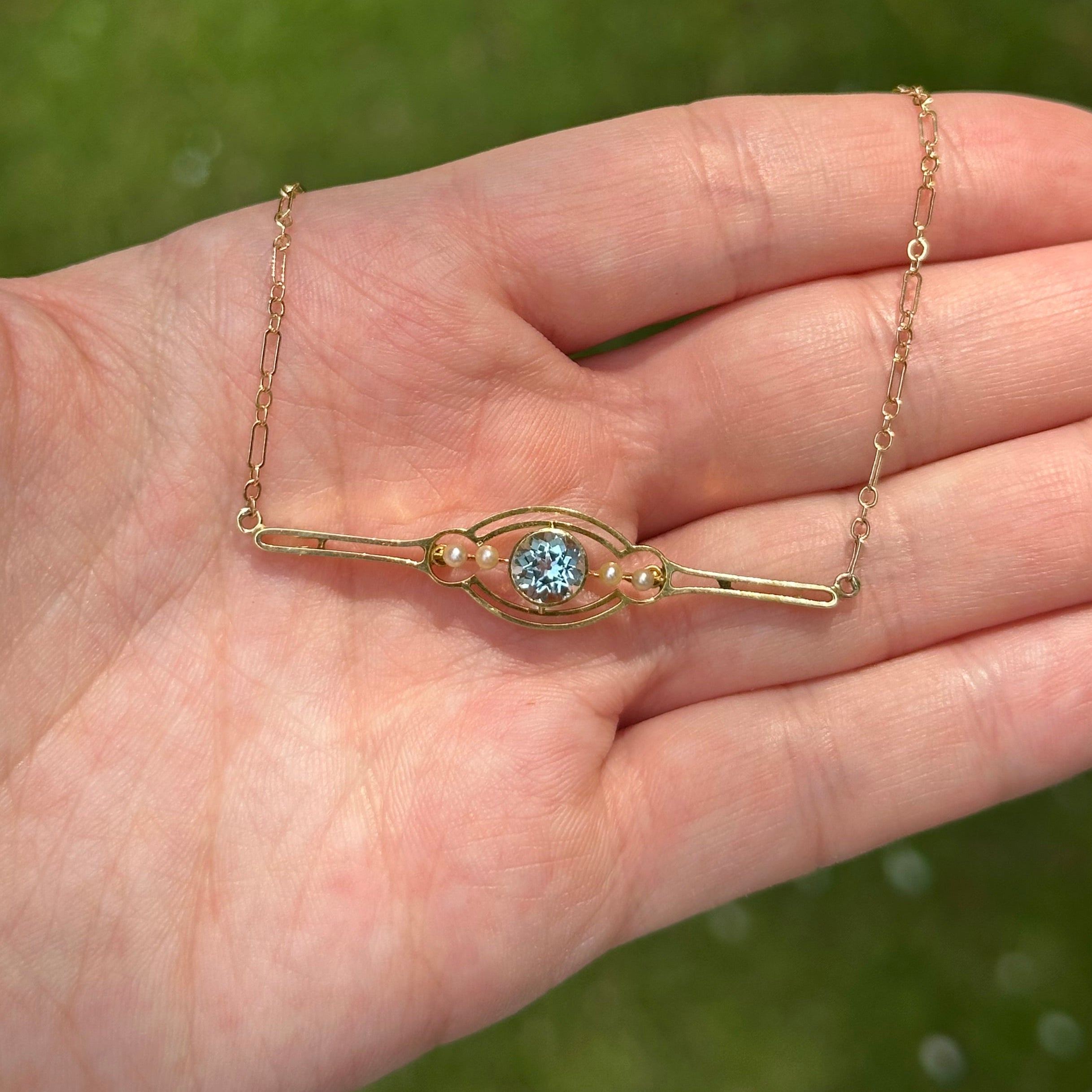 Art Nouveau Aquamarine & Seed Pearl Necklace