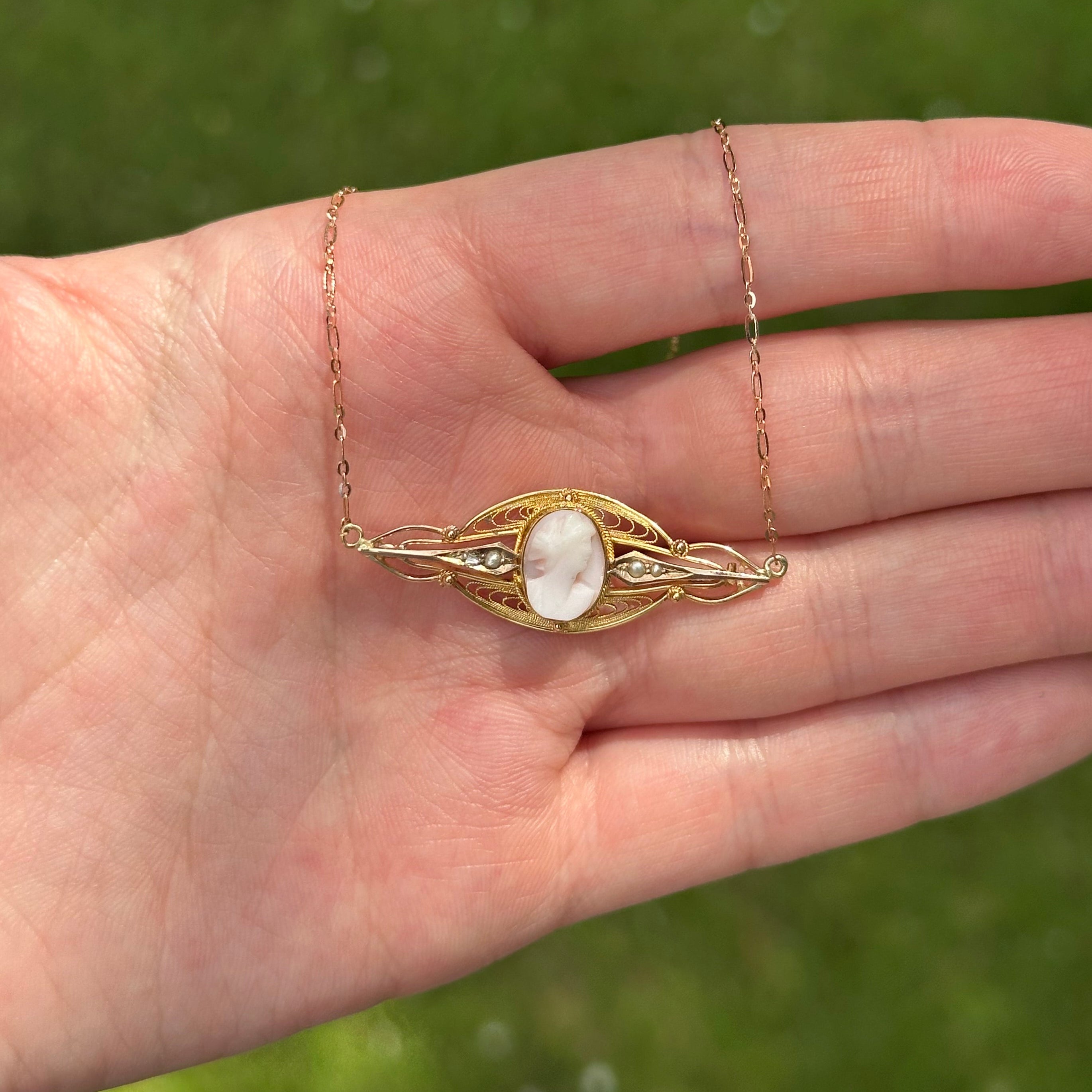 Antique Art Nouveau Cameo & Seed Pearl Necklace