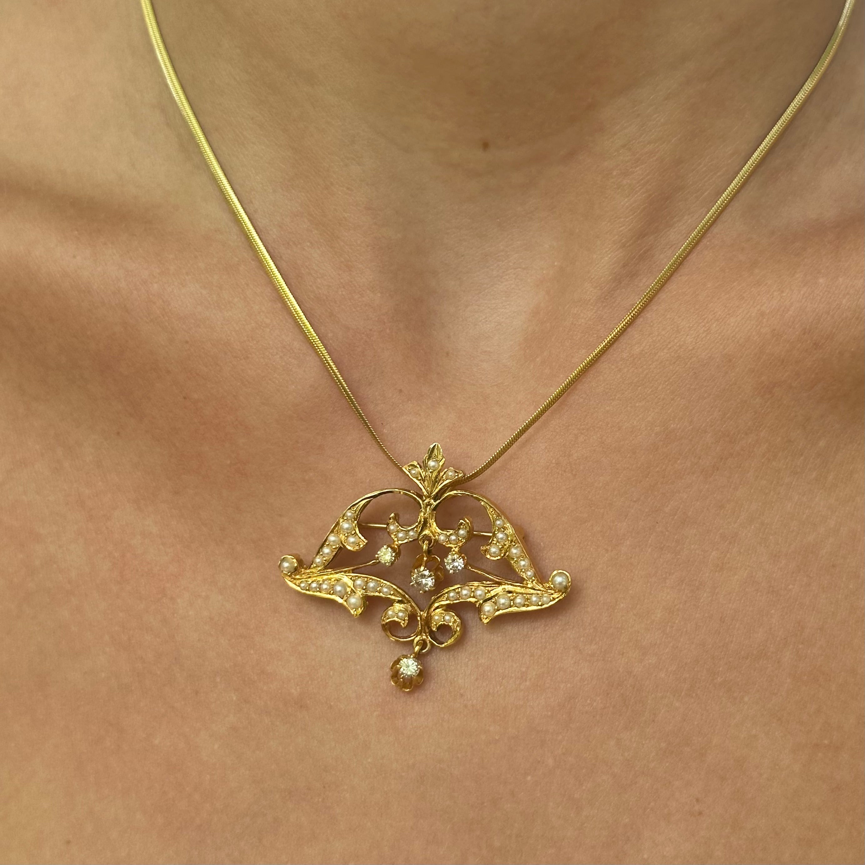 Vintage Seed Pearl & Diamond Brooch Pendant Necklace