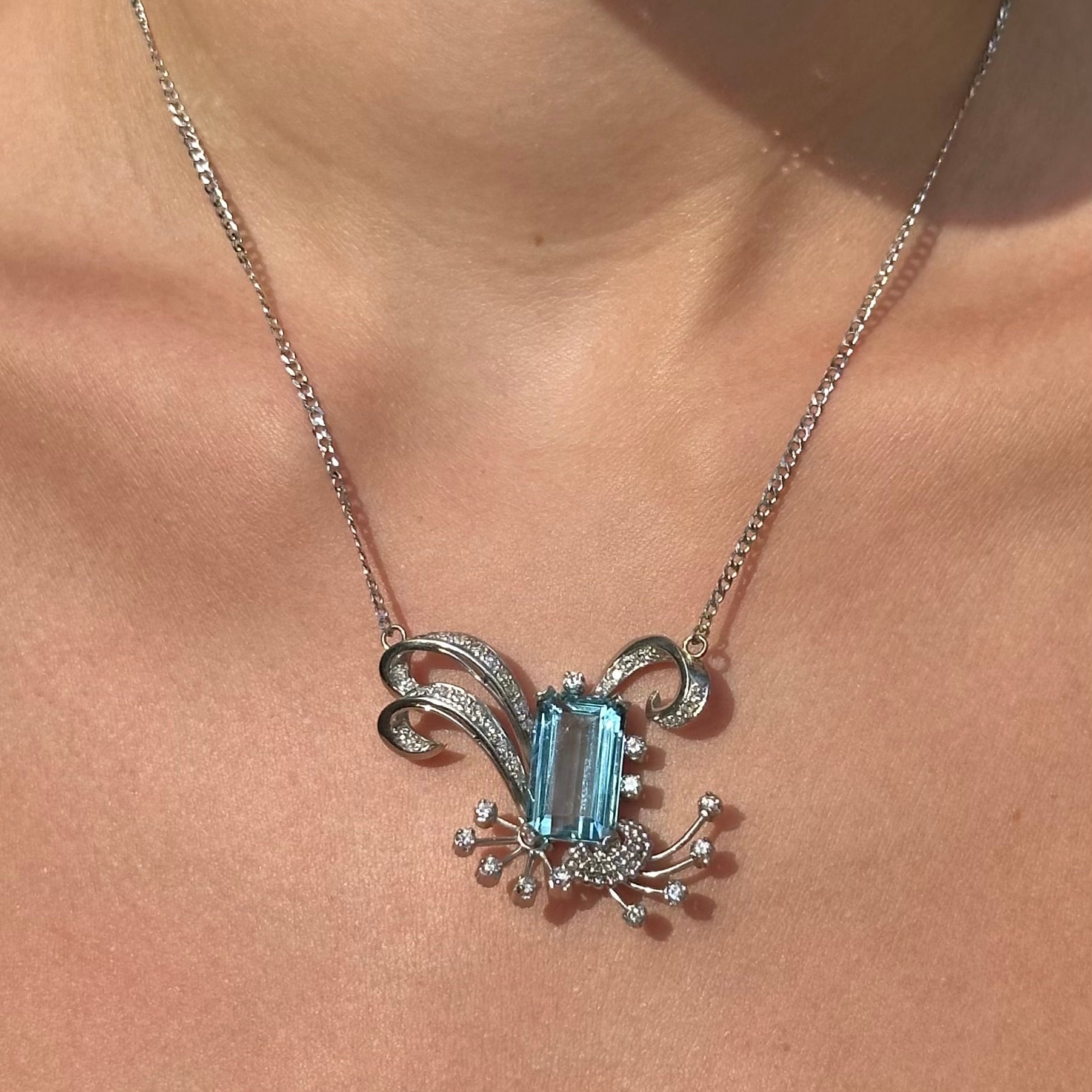 Vintage Blue Topaz & Diamond Necklace in Platinum & 14K White Gold