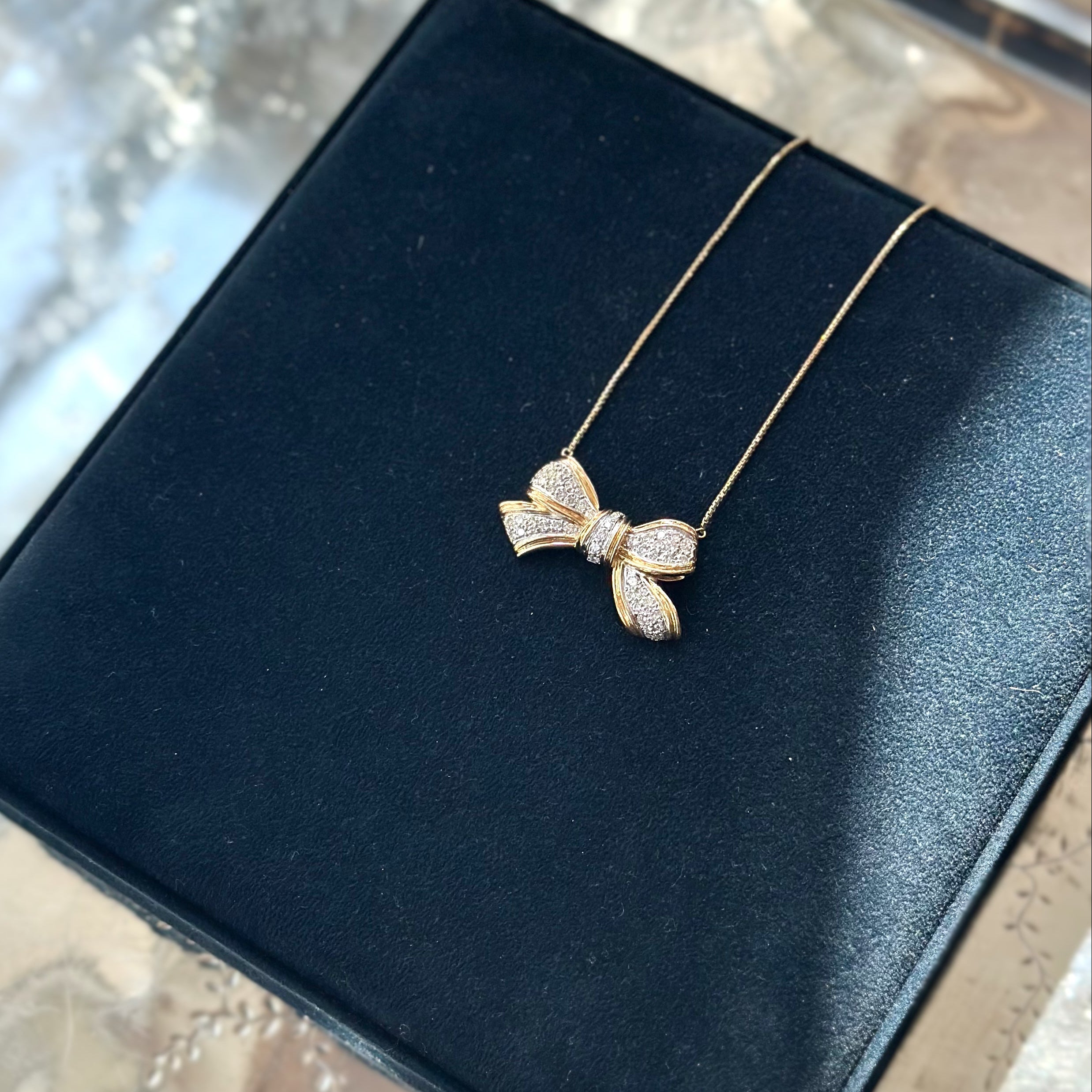 Vintage Diamond Bow Brooch Necklace 18K Yellow Gold