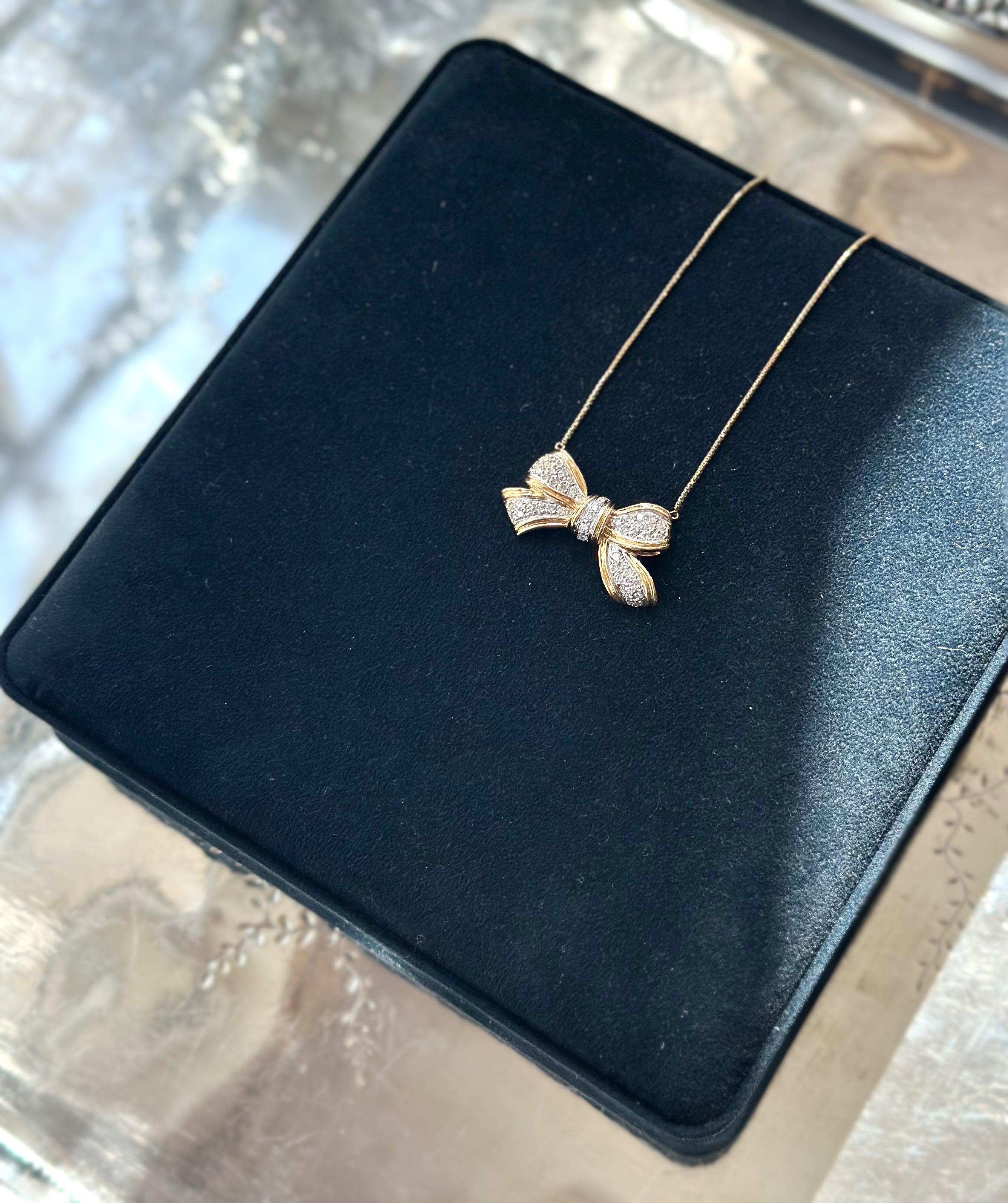 Vintage Diamond Bow Brooch Necklace 18K Yellow Gold