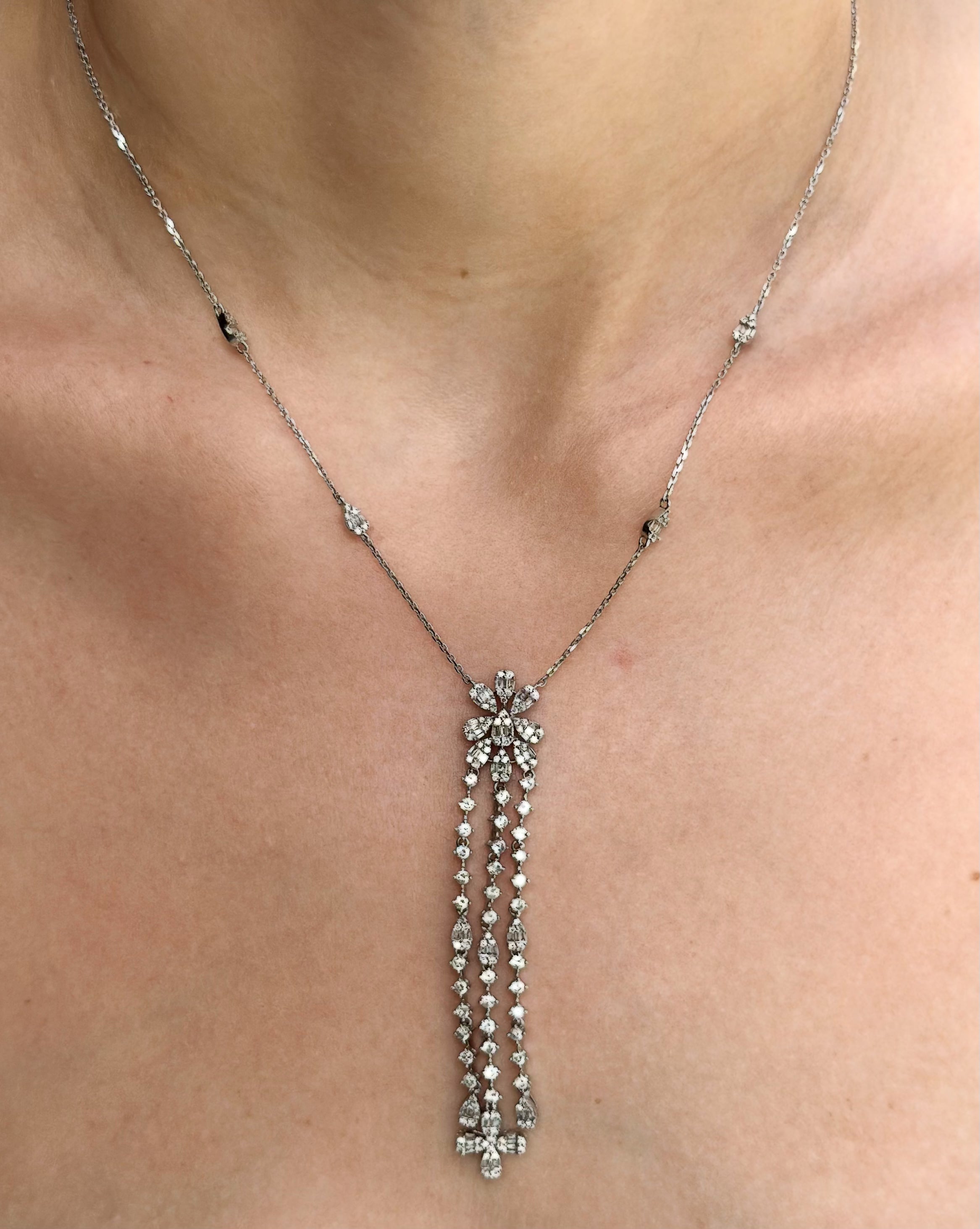Vintage Diamond Y Necklace 14K White Gold 