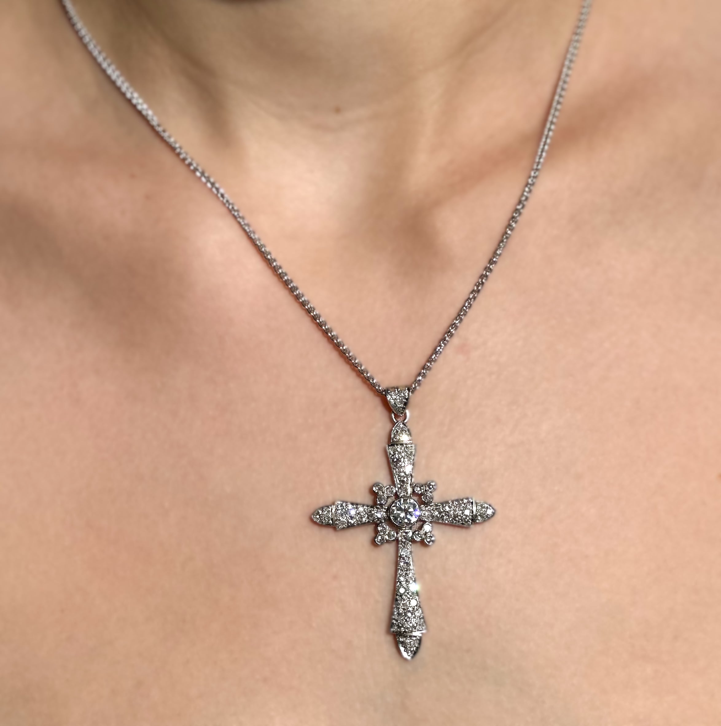 Vintage Platinum Diamond Cross Pendant Necklace