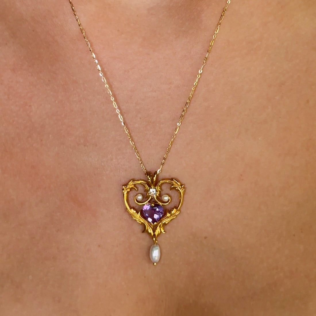 Vintage Amethyst, Pearl & Diamond Lavaliere 14K Gold Necklace