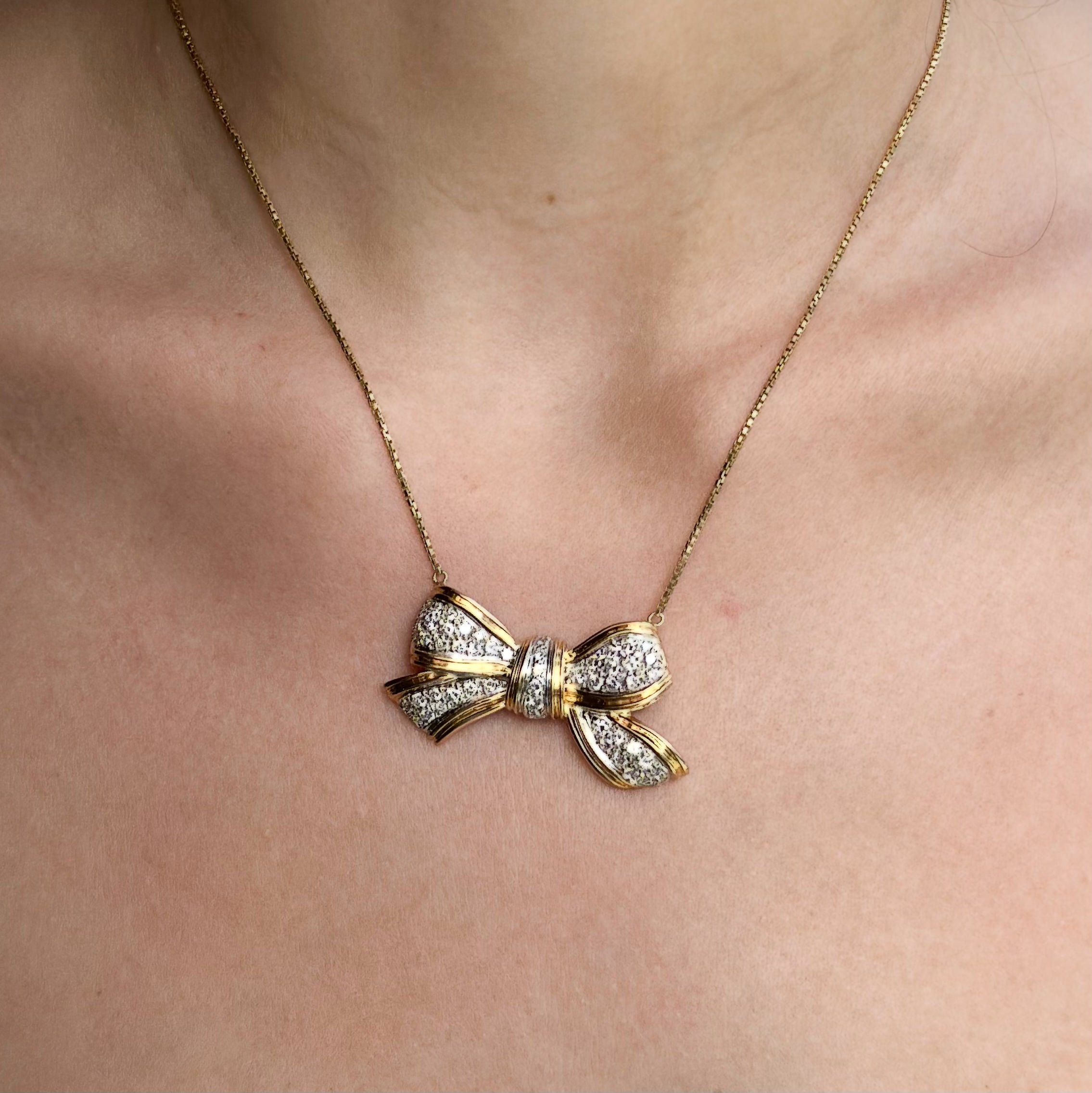 Vintage Diamond Bow Brooch Necklace 18K Yellow Gold